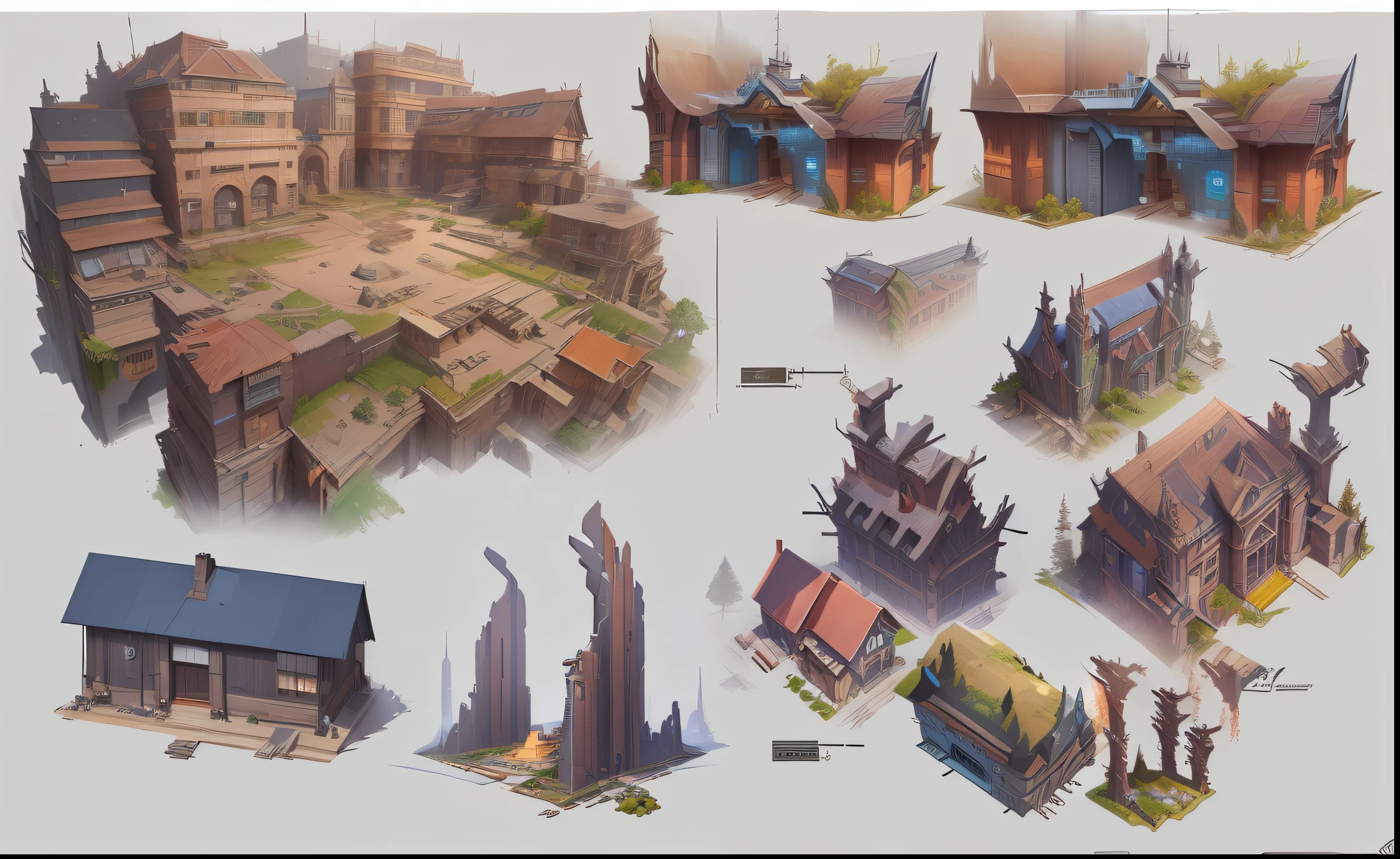 Close-up of a bunch of different buildings and buildings, video game assets, video game assets, RPG game environment assets, game assets, isometric game assets, concept art for video games, isometric 2D game art, concept art!, game assets, isometric game art, 2D game environment design, 2D game assets, stylized game art, street map planning and design, game concept scene design, hand-drawn style, HD, style realism, near-future civilization, scientific and technological performance, living in death, Life fun elements, 2.5D top view, future city streets in disasters, technology elements, future elements