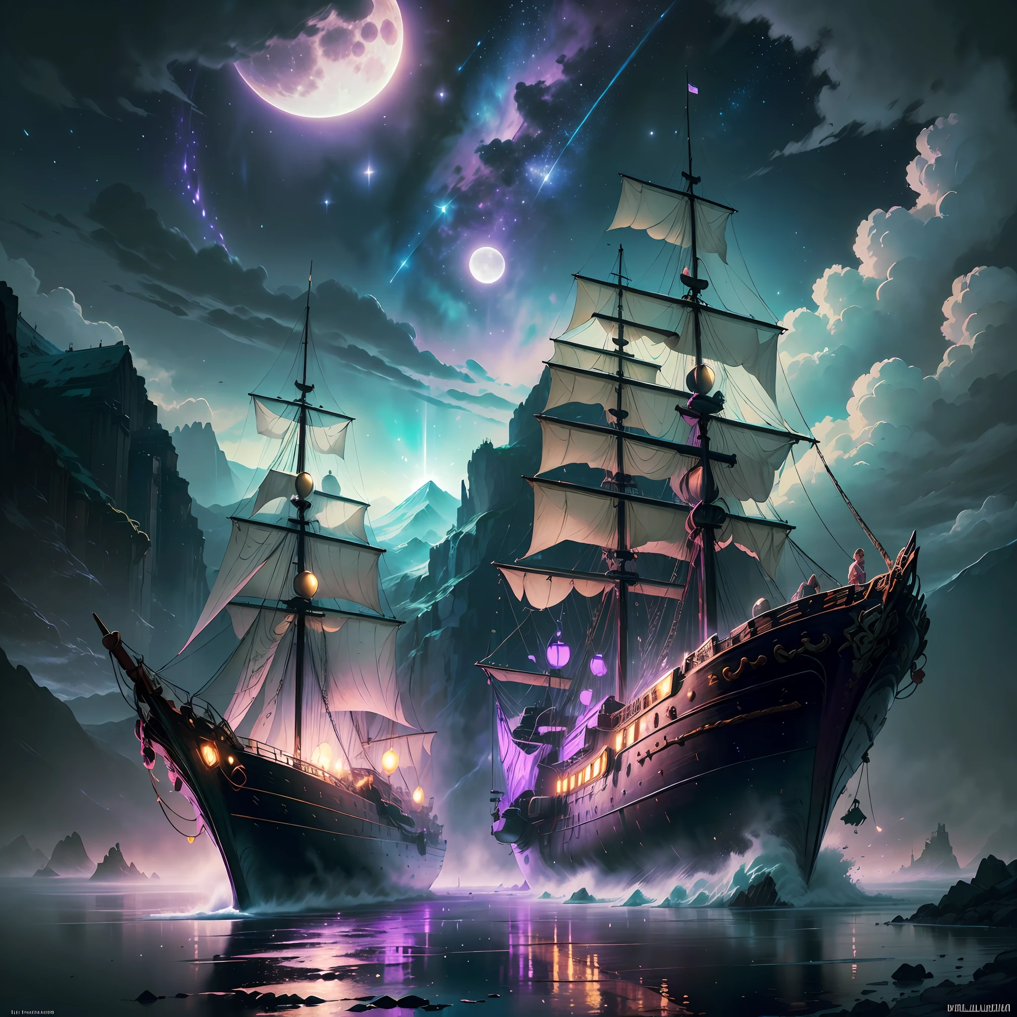 Computer visualized graphics, realistic fantasy, Extensive landscape ultra photography (general view, which shows a huge wooden sailing ship, with decks, 4 decks, stern, hold, + a lot of sails, + bow, + tank, + stern, + ut + decks
Horizontal platforms - decks, full moon, night sky, blurred background, warm, yellow, purple background, pink, warm, magic, "Hyper-realistic textures," "Precise details," "Realistic still life," "Realistic portraits," "Realistic landscapes." Watercolor Drawing, "Majestic mountains," "Hyper-realistic textures," Banksy, Liu Bolin, Ansel Adams, Yoshitaka Amano realistic fantasy, Extensive landscape ultra photography, blurred background, cool, turquoise hue, a bit of purple, airy color, magic, "Hyper-realistic textures," "Precise details," "Realistic still life," "Realistic portraits," "Realistic landscapes." Lit cityscapes,” “Starry skies,” “Moonlit landscapes,” “Night time portraits,” “Long exposures.” 16:9 --ar --auto