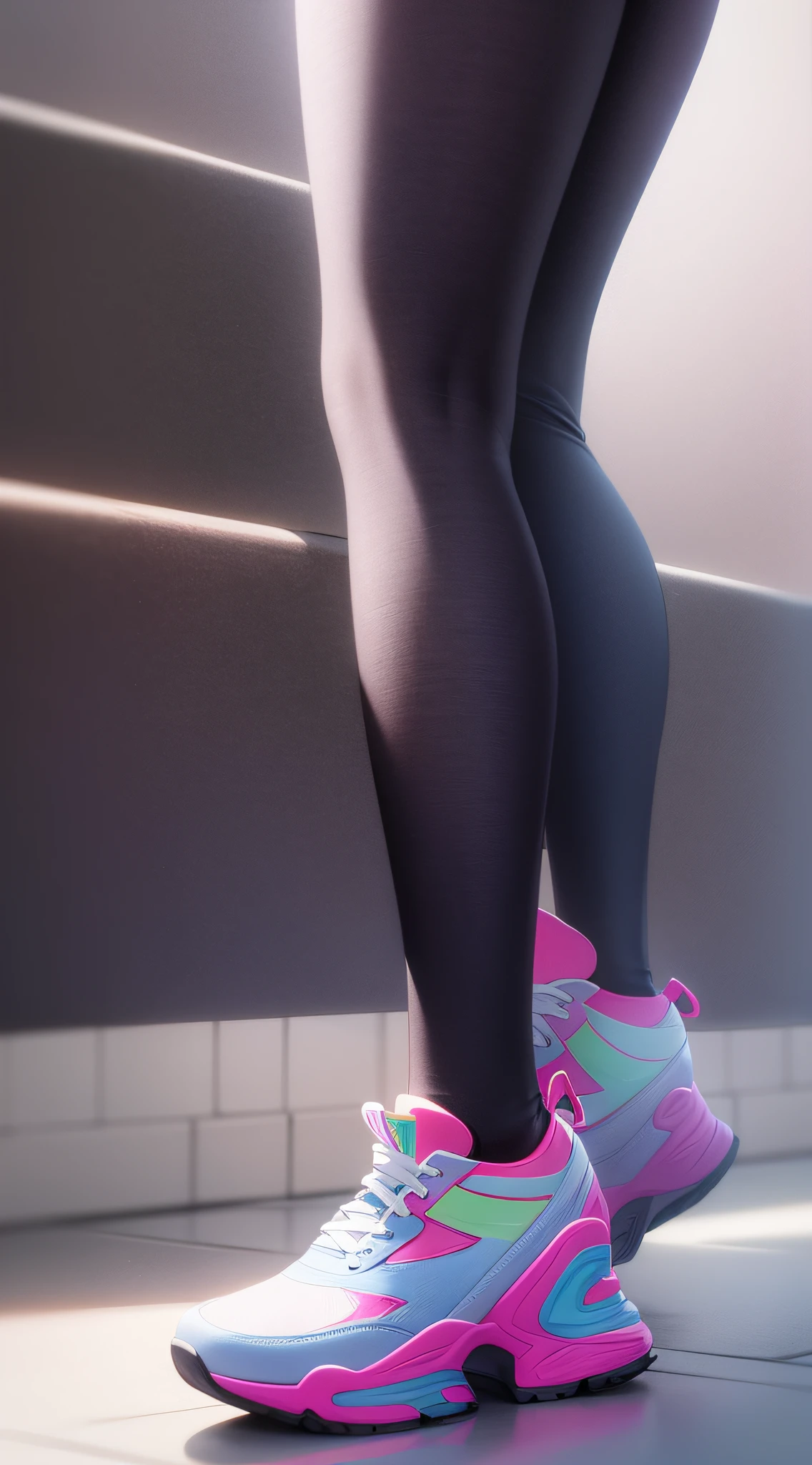 side profile, dramatic, portrait, blurred background, artistic, Just legs with tight, skinny, colorful leggings and shoes in a thigh phone wallpaper."