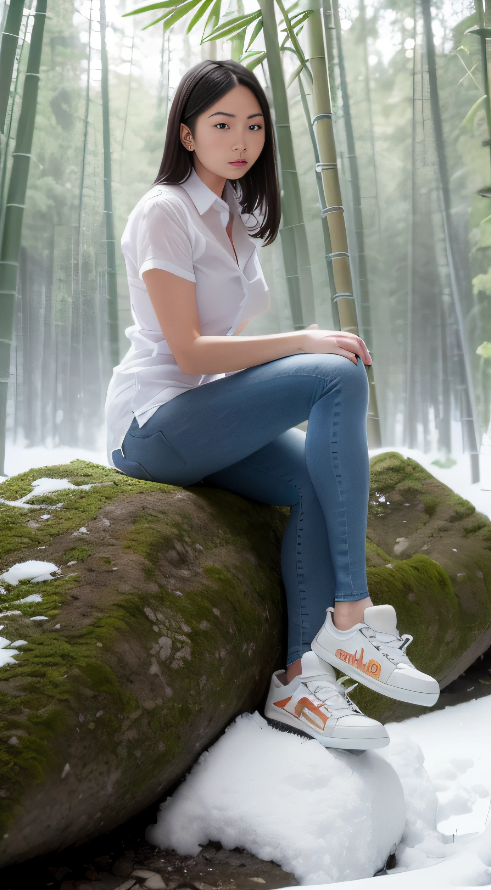 High-definition, realistic, a long-legged woman wearing a soaked white shirt, blue skinny jeans and sneakers sits on a large rock in the middle of a bamboo forest in winter, surrounded by snow, and her hands are not visible.