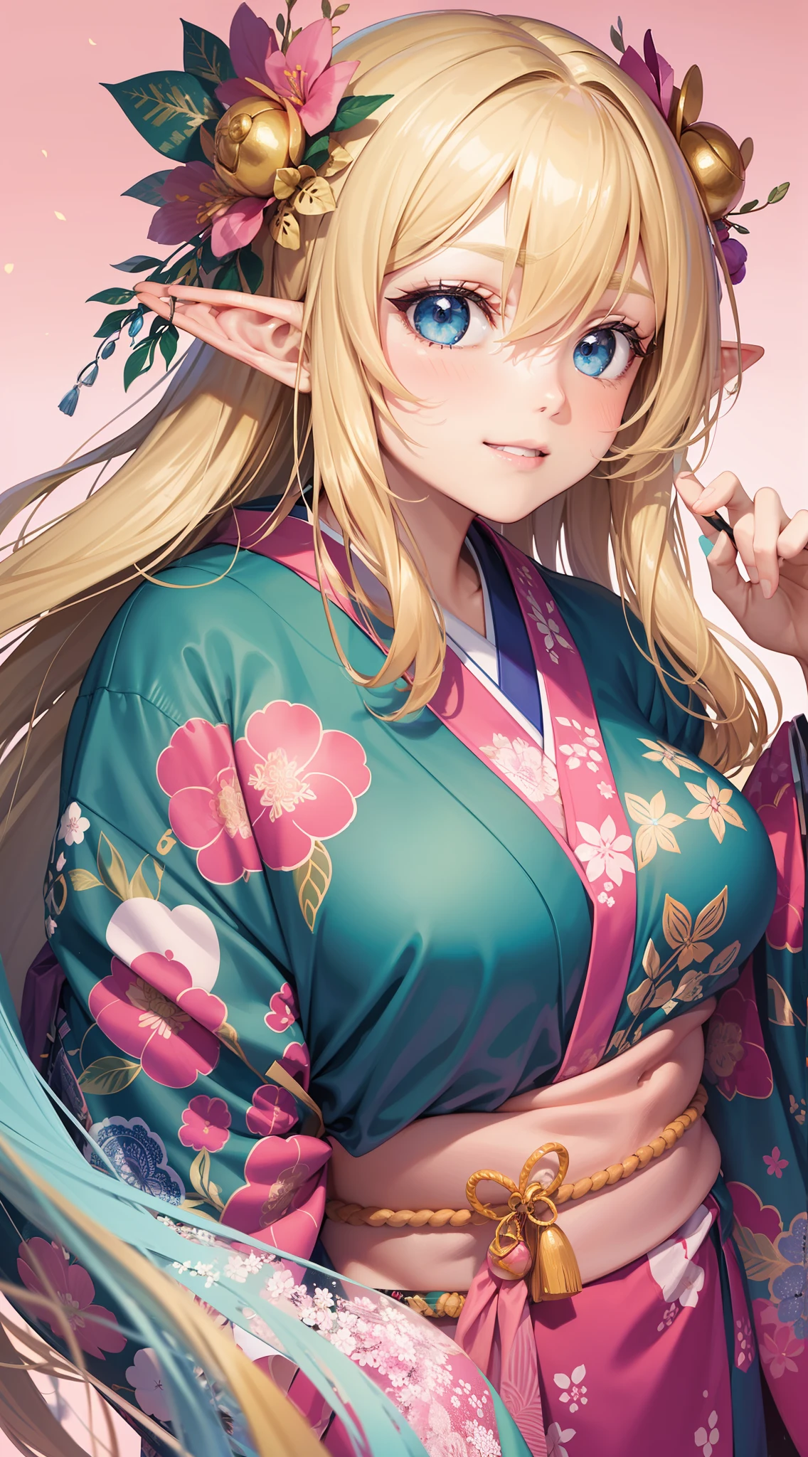 An elf with a large body, long straight yellowish hair, blue eyes, a friendly expression, dressed in a pink kimono, on a pink background.