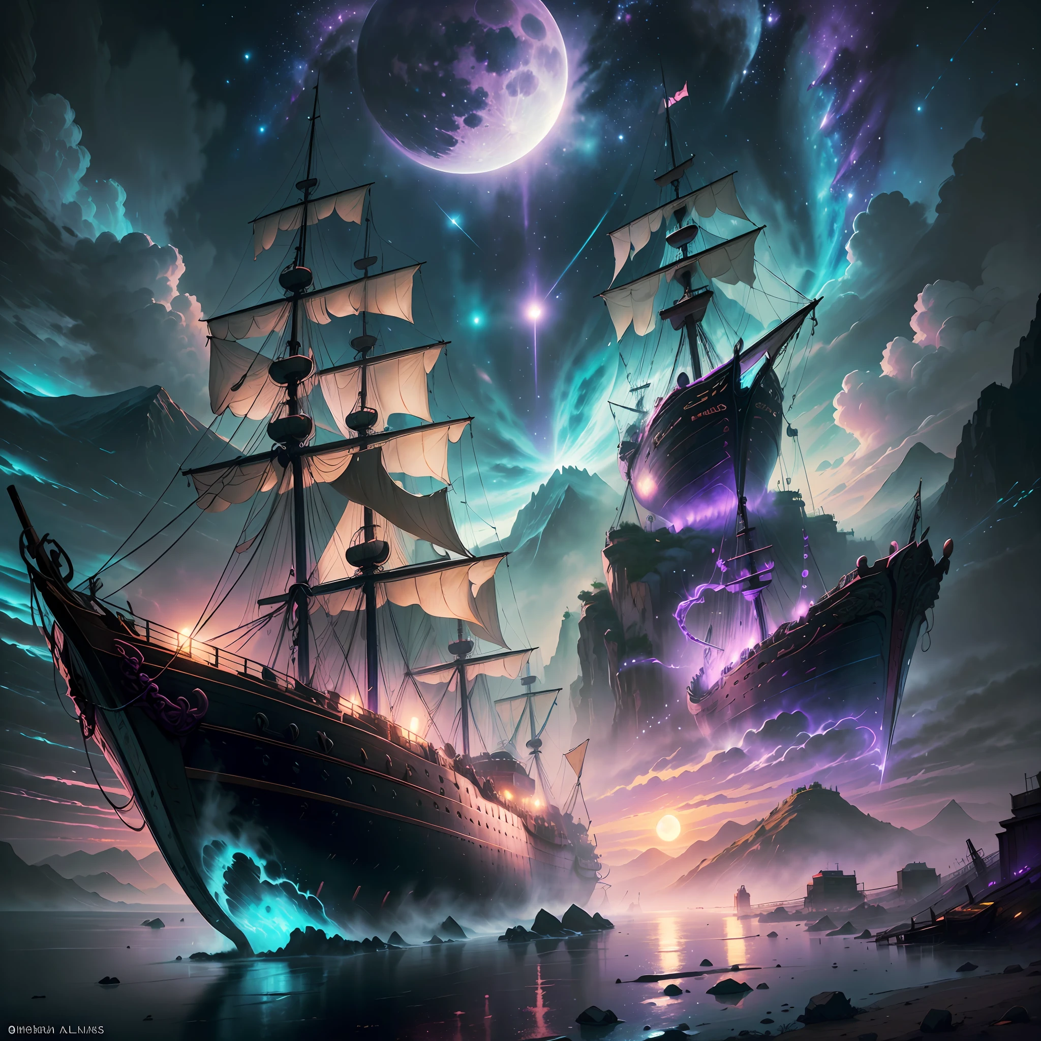 Computer visualized graphics, realistic fantasy, Extensive landscape ultra photography (general view, which shows a huge wooden sailing ship, with decks, 4 decks, stern, hold, + a lot of sails, + bow, + tank, + stern, + ut + decks
Horizontal platforms - decks, full moon, night sky, blurred background, warm, yellow, purple background, pink, warm, magic, "Hyper-realistic textures," "Precise details," "Realistic still life," "Realistic portraits," "Realistic landscapes." Watercolor Drawing, "Majestic mountains," "Hyper-realistic textures," Banksy, Liu Bolin, Ansel Adams, Yoshitaka Amano realistic fantasy, Extensive landscape ultra photography, blurred background, cool, turquoise hue, a bit of purple, airy color, magic, "Hyper-realistic textures," "Precise details," "Realistic still life," "Realistic portraits," "Realistic landscapes." Lit cityscapes,” “Starry skies,” “Moonlit landscapes,” “Night time portraits,” “Long exposures.” 16:9 --ar --auto