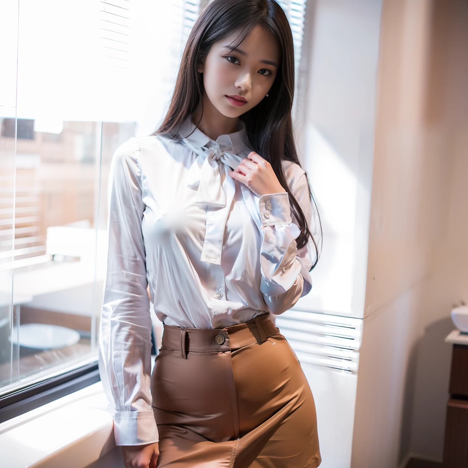 8k, a girl, 18 yold, araffed asian woman in a skirt and white shirt posing for a picture, wearing a blouse, wearing white shirt, fine white shirt, wearing in shirt, clothed in white shirt, wearing a white button up shirt, wearing a white shirt, open shirt, wearing a white blouse, white blouse, wearing a light shirt, wearing tight simple clothes, white shirt