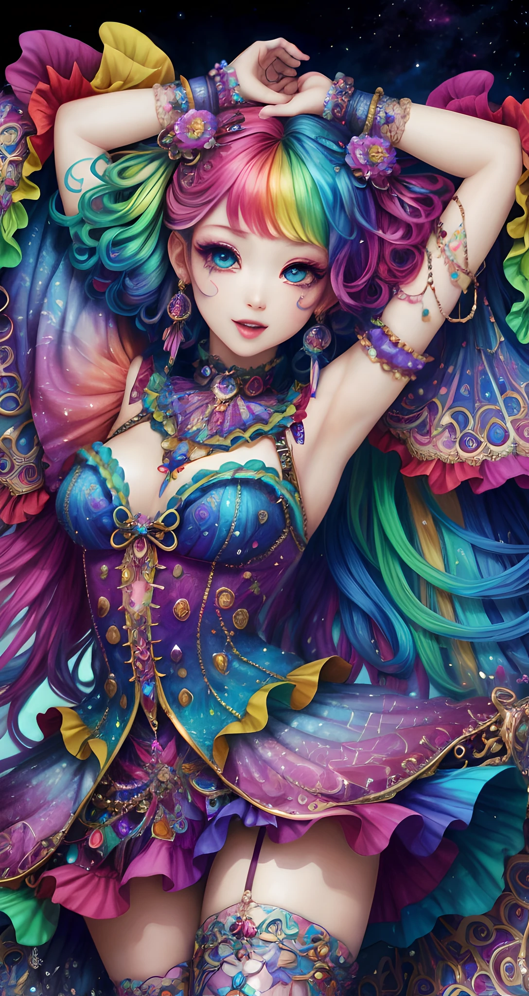 this artwork should be colorful and evoke feelings of euphoria and ecstasy. generate a beautiful fantasy woman with an interesting and dynamic manic expression. the woman is dressed in the style of harajuku decora fashion. there are many intricate and highly detailed decora fashion accents. clothing is ornate and extravagant with contrasting colors, textures, and patterns. include strong influences from lisa frank. include many awe-inspiring fantasy elements. ((include phantasmal iridescence, crystals, bumps, and rainbow colors that drip like paint through the artwork.)) rainbow paint should drip through hair and onto face and body. pay particular attention to a beautifully detailed face with realistic shading. include 8k eyes, highly detailed eyes, realistically detailed eyes, macro eyes, bright eyes. the overall feeling of this artwork should be happiness and excitement. the artwork should be highly ornate. impress me. the artwork should be highly creative., high quality, highres, detail enhancement