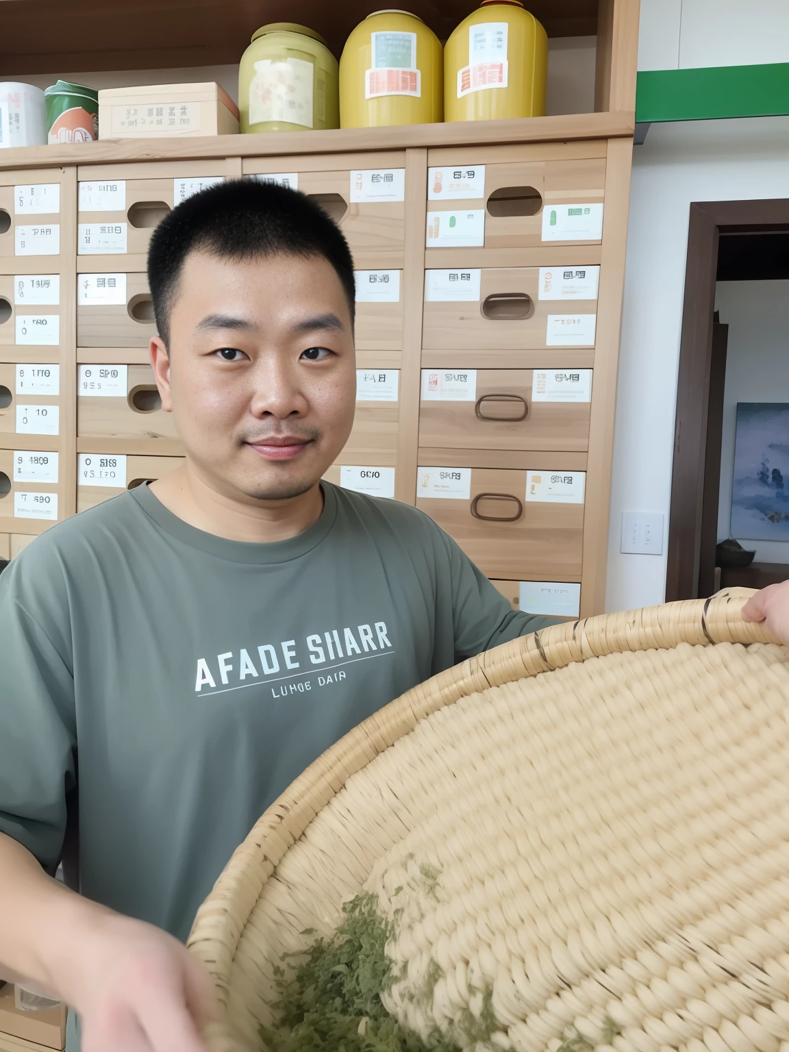 arafed man holding a basket with a lot of green stuff in it, inspired by Ding Yunpeng, huifeng huang, inspired by Guan Daosheng, 千 葉 雄 大, qi sheng luo, inspired by Li Shixing, chinese artist, inspired by Hu Jieqing, xiang duan --auto