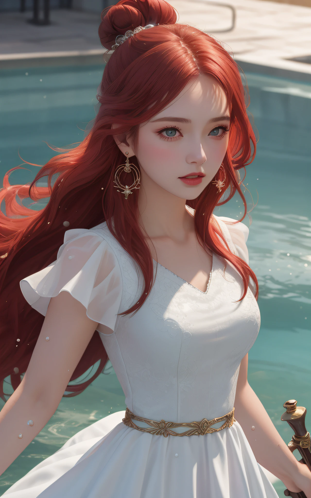 Best quality, masterpiece, high resolution, CG, 1 girl, weapon, long whip, long red hair, dress, water, solo, jewelry, white dress, earrings, hair accessories, splash, upper body, bun, brunette hair, lighting, frankness, photo, high resolution, 4k, 8k, bokeh, close-up
