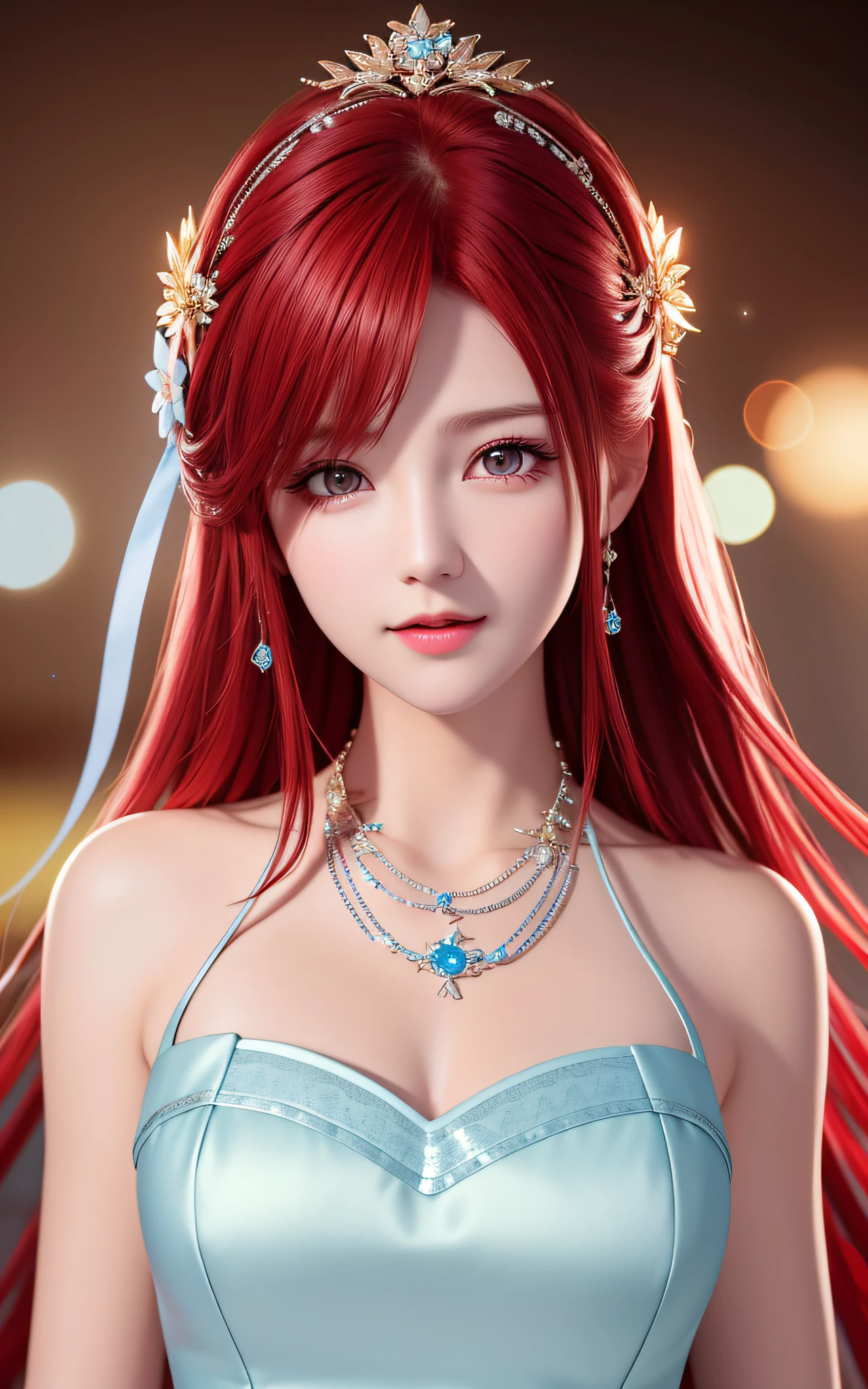 Best quality, masterpiece, high resolution, CG, 1 girl, weapon, long whip, long red hair, dress, water, solo, jewelry, white dress, earrings, hair accessories, splash, upper body, bun, brunette hair, lighting, frankness, photo, high resolution, 4k, 8k, bokeh, close-up