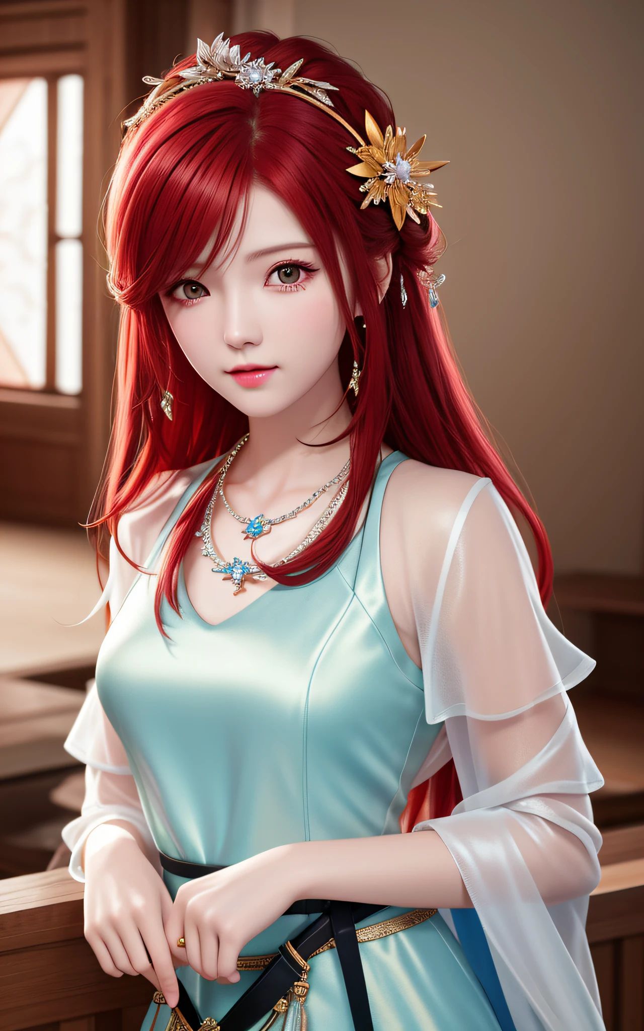 Best quality, masterpiece, high resolution, CG, 1 girl, weapon, long whip, long red hair, dress, water, solo, jewelry, white dress, earrings, hair accessories, splash, upper body, bun, brunette hair, lighting, frankness, photo, high resolution, 4k, 8k, bokeh, close-up