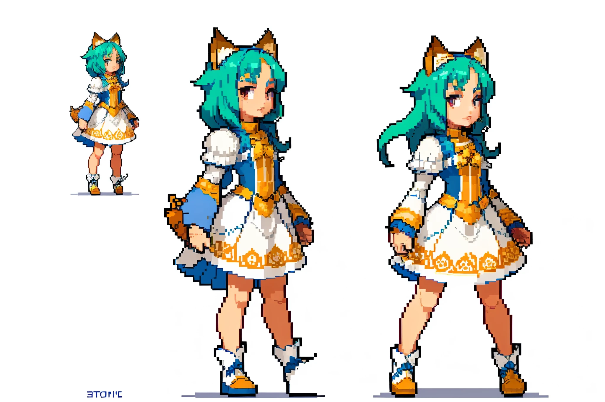 (masterpiece, highest quality, highest quality), pixels, pixel art, anime of women walking in various poses, full body shot turn, full body profile pose in white dress, character turn, character model seat turn, dynamic pose perspective, animation character design, walking cycle, dynamic pose and perspective, Stylized proportions, accurate gait cycle, full body character drawing, multiple poses, dynamic perspective poses, cartoon proportions, animation concept art (masterpiece), white background, magical girl, cat ears, 3.5 head body, green hair
