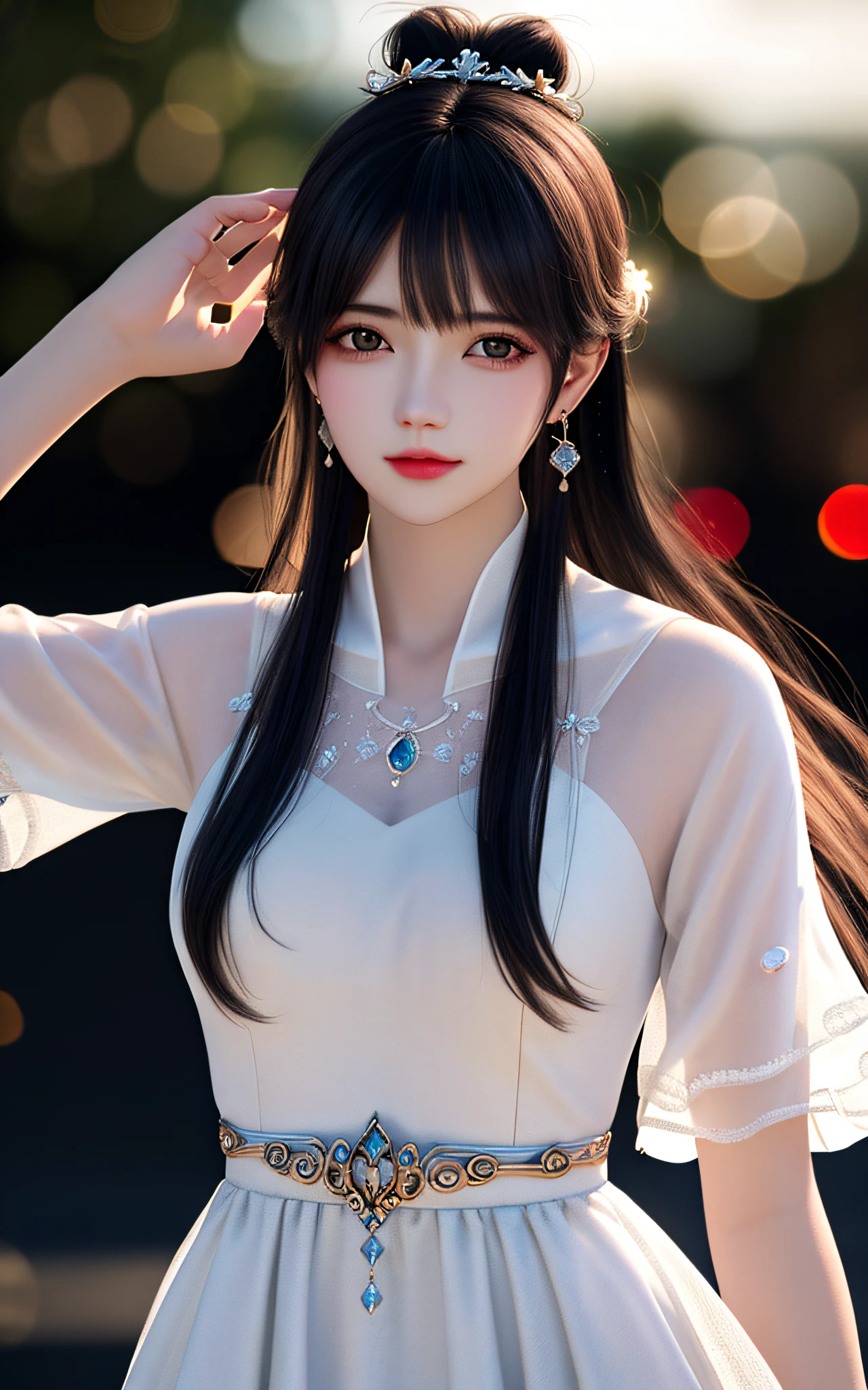 Best quality, masterpiece, high resolution, CG,
1 girl, weapon, long whip, long hair, dress, water, solo, jewelry, white dress, earrings, hair accessories, splash, upper body, bun, black hair,
Lighting, frankness, photo, high resolution, 4k, 8k, bokeh, close-up