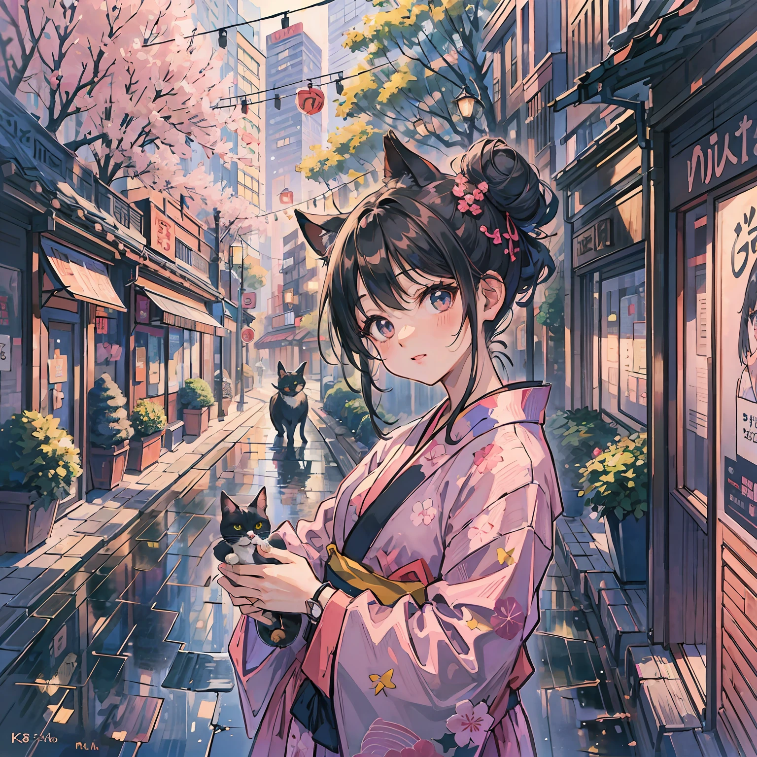Short Hair Black Hair Girl Cat Japanese Clothes Anime Kyoto --auto
