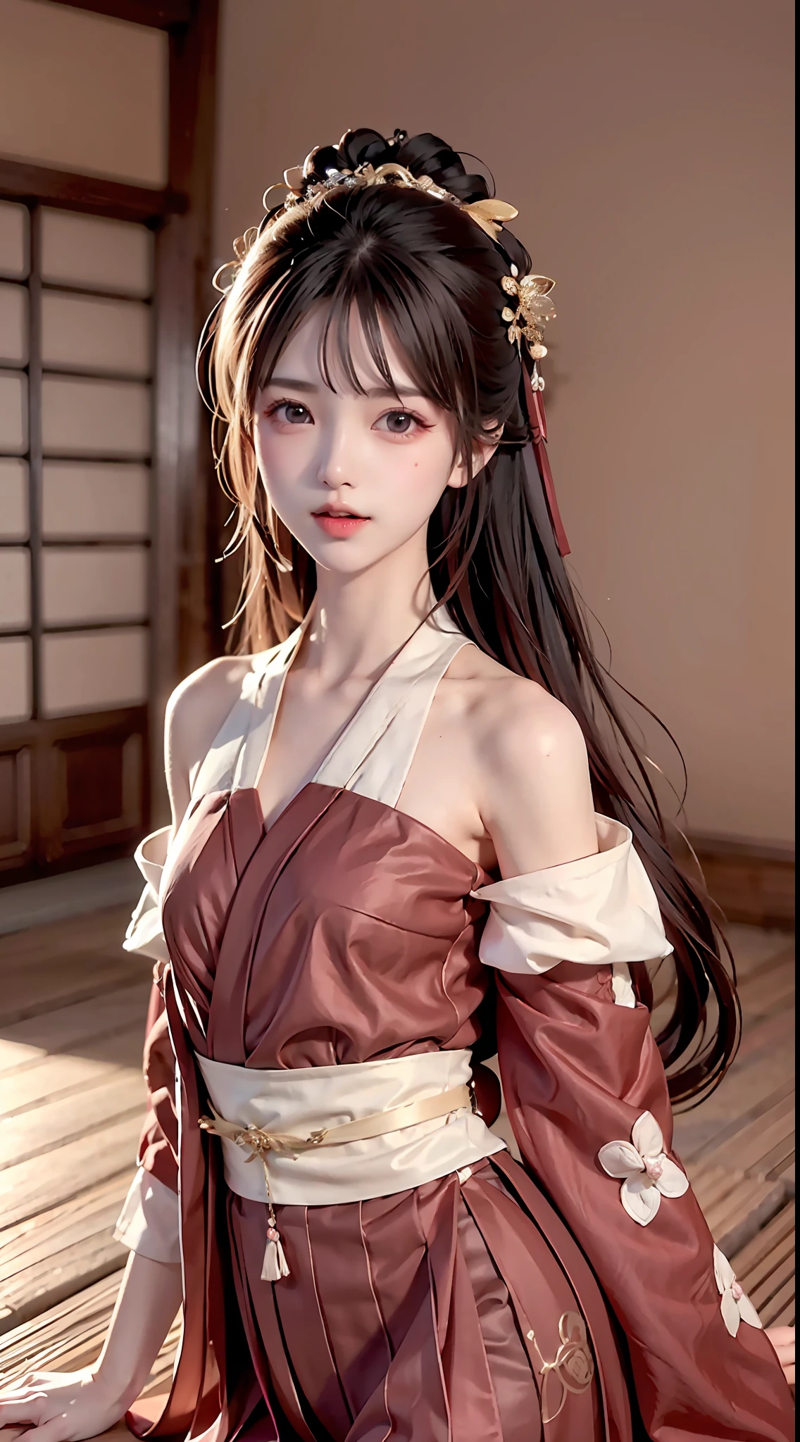 JK girl, girl wearing Japanese girls' school uniform, 8K, very high image quality, film texture, realistic, eating Japanese food, Japanese background, depth of field, tatami room, warm lighting, bow on chest, bangs, long hair over the shoulder, (playful eyes), double eyelids, deepening of the tail of the eyes, lying silkworm, bracelet on the wrist, scarlet lips, sparkling lips with texture, fine skin texture, brown sparkling pupils, (((eyes looking at the camera)))), slender fingers, ((round face)), ( ((small lips)))