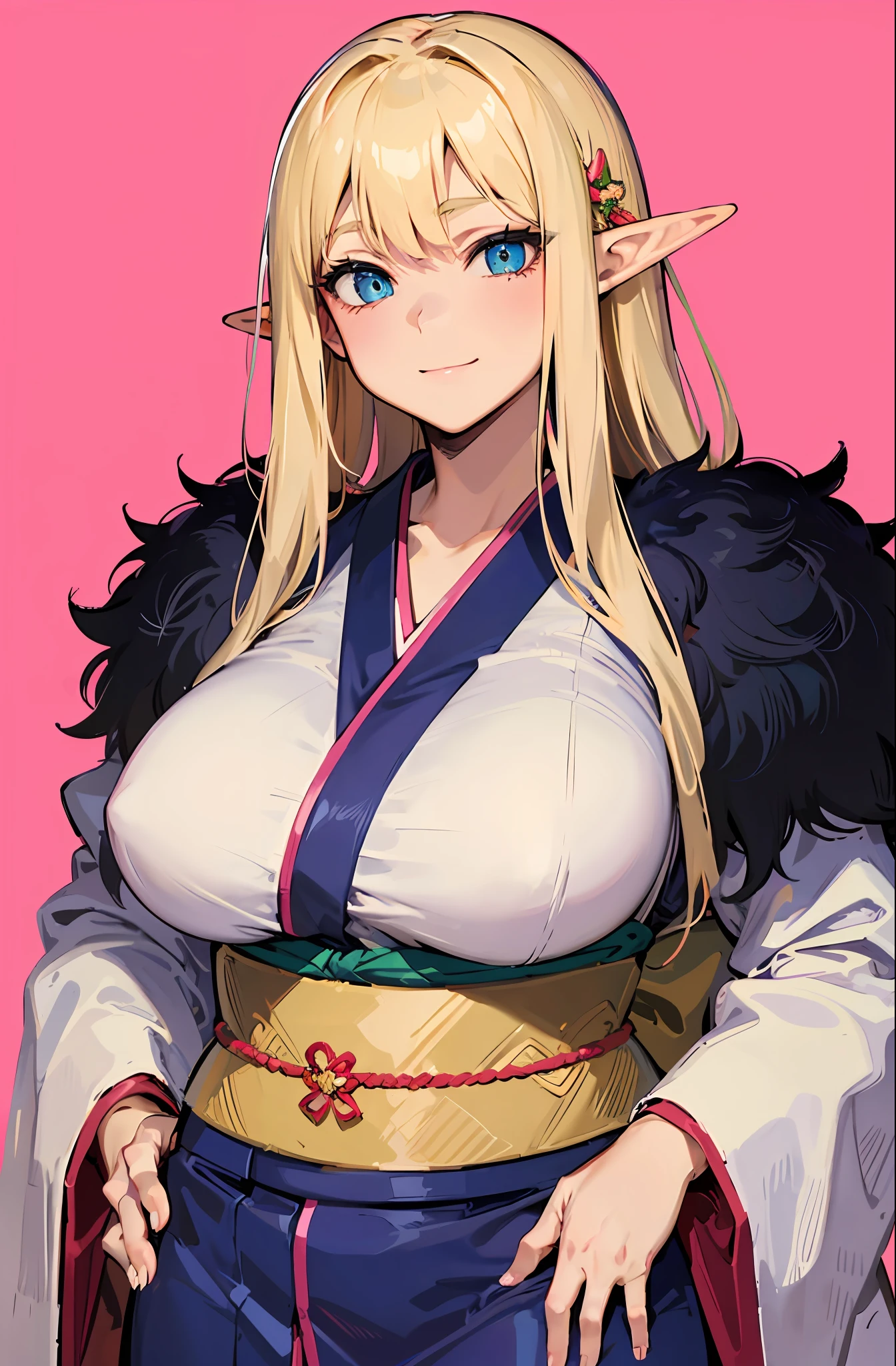 An elf with a large body, long straight yellowish hair, blue eyes, a friendly expression, dressed in a pink kimono, on a pink background.