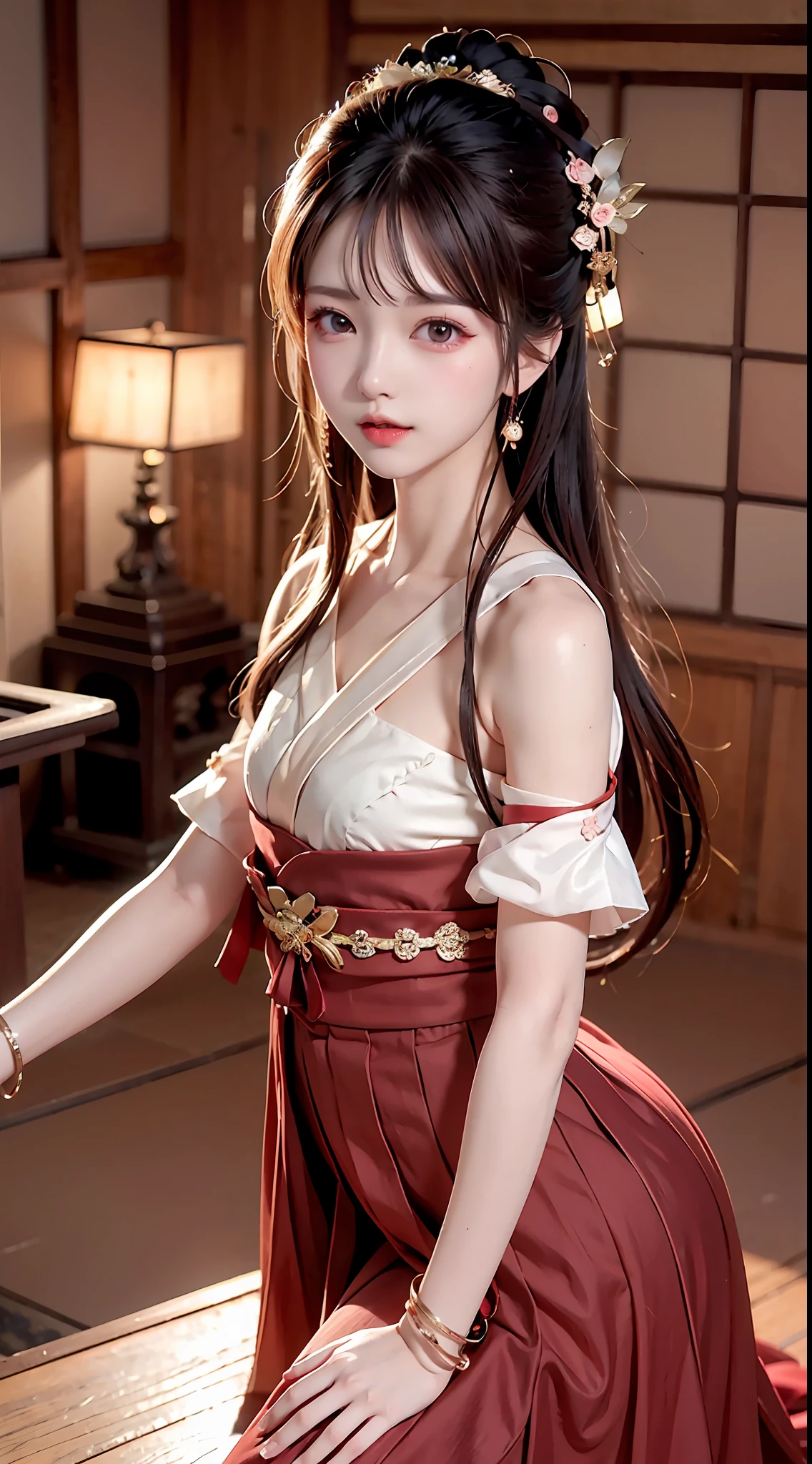 JK girl, girl wearing Japanese girls' school uniform, 8K, very high image quality, film texture, realistic, eating Japanese food, Japanese background, depth of field, tatami room, warm lighting, bow on chest, bangs, long hair over the shoulder, (playful eyes), double eyelids, deepening of the tail of the eyes, lying silkworm, bracelet on the wrist, scarlet lips, sparkling lips with texture, fine skin texture, brown sparkling pupils, (((eyes looking at the camera)))), slender fingers, ((round face)), ( ((small lips)))