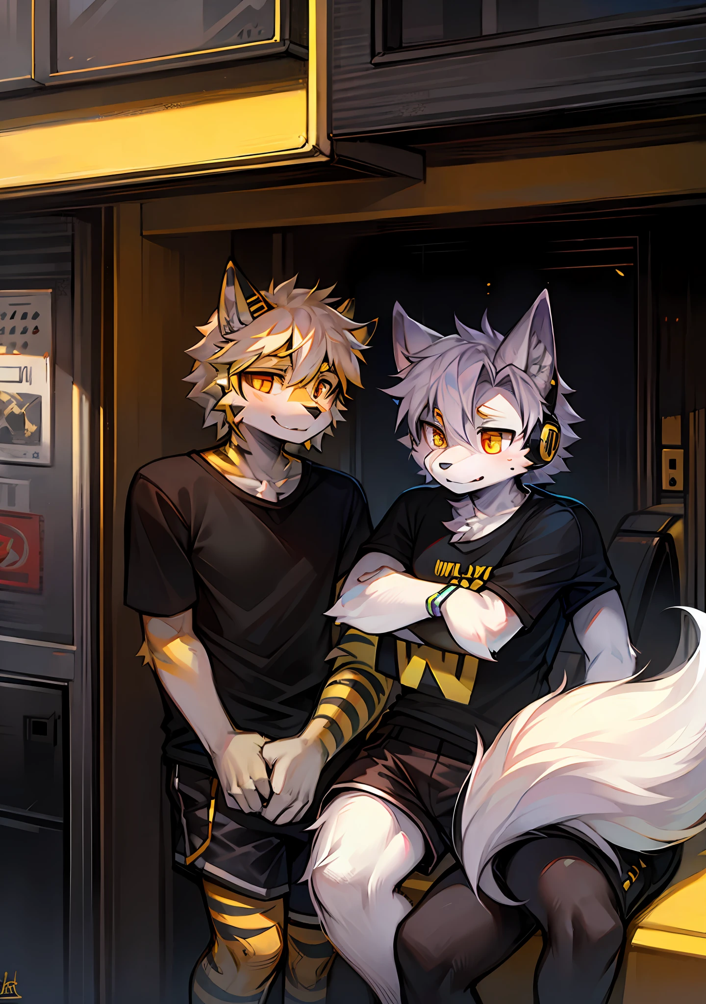 White wolf, furry, golden eyes, black and gold headphones, white T-shirt, black shorts, leaning against a black car, yellow stripes around the ears