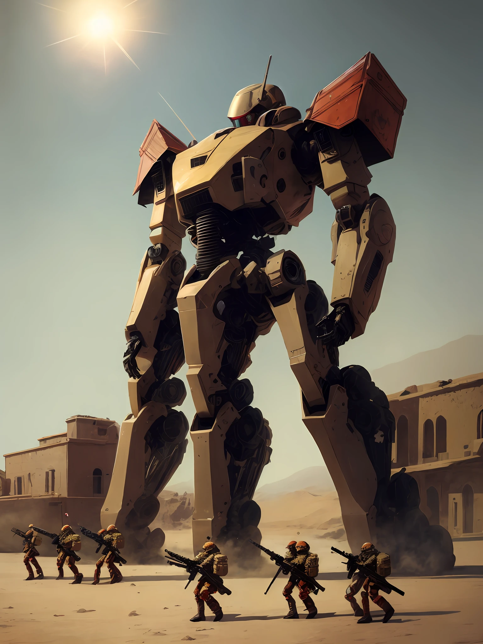 A platoon of giant humanoid robotic weapons with long-barreled rifles marching through desert ruins
