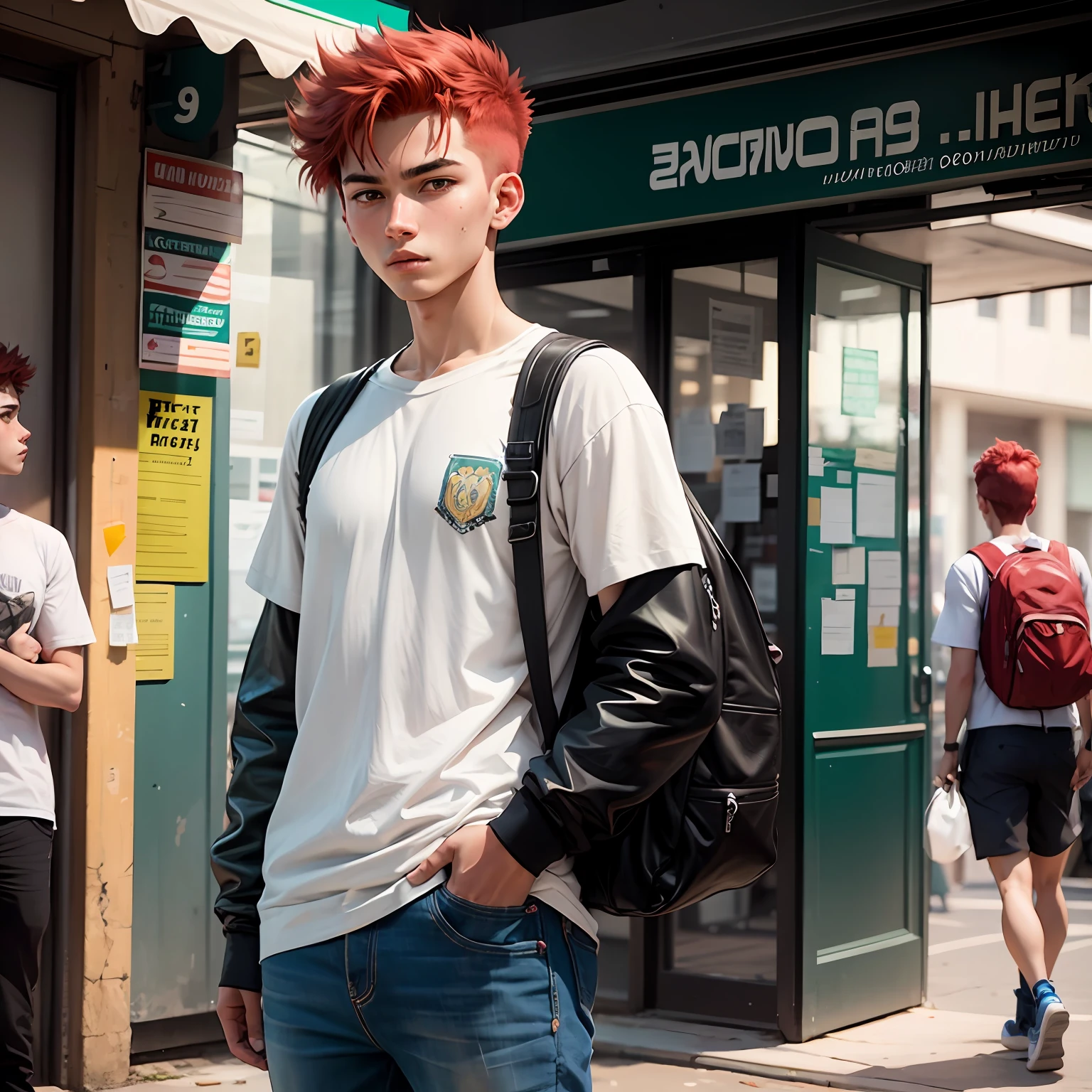 Young high school boy with red hair, Brazilian, white, cool, 2D character, comics style