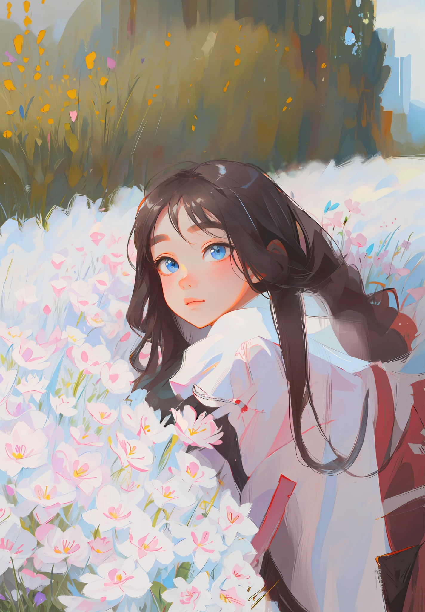 cartoon girl in a field of flowers with a backpack, childrens art in artstation, cute detailed digital art, cute art style, cute detailed artwork, adorable digital painting, girl in flowers, cute digital art, girl dancing in a flower field, full body portrait of a short!, girl in a flower field, a beautiful artwork illustration,