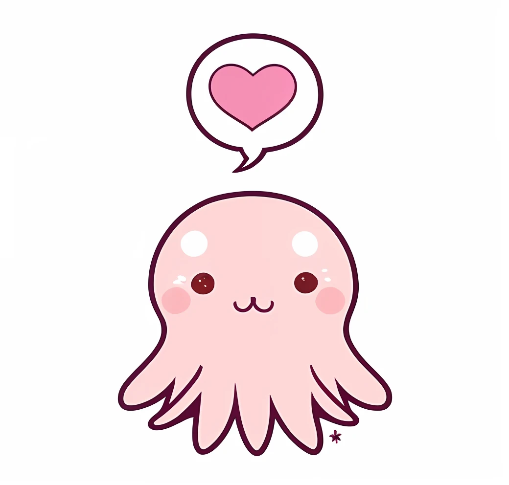 a pink octopus with a heart in its mouth and a speech bubble above it, cute cthulhu, super nova octopus, anthropomorphic octopus, squid, cutie, single tentacle, tentacles around, octopus, cute creature, so cute, cute pictoplasma, cephalopod, creepy kawaii, cute adorable, some tentacles are touching her, awwwww
