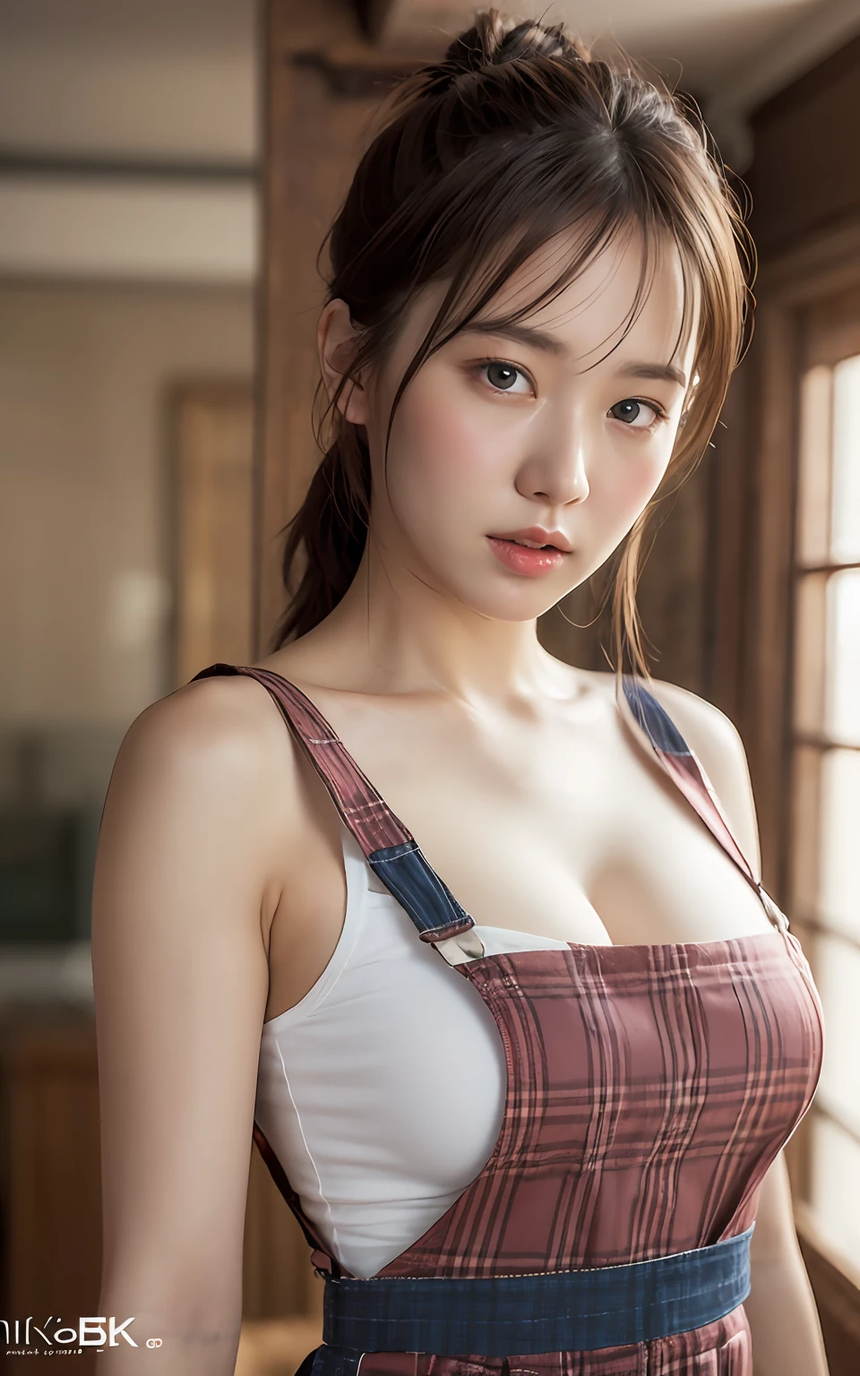 Highly detailed CG Unity 8k wallpaper, top quality, super detailed, masterpiece, realistic, photo realistic, very detailed cute girl, 25 years old, blush,, round eyes, medium breasts, looking viewer, half body shot , pinafore, room , short ponytail