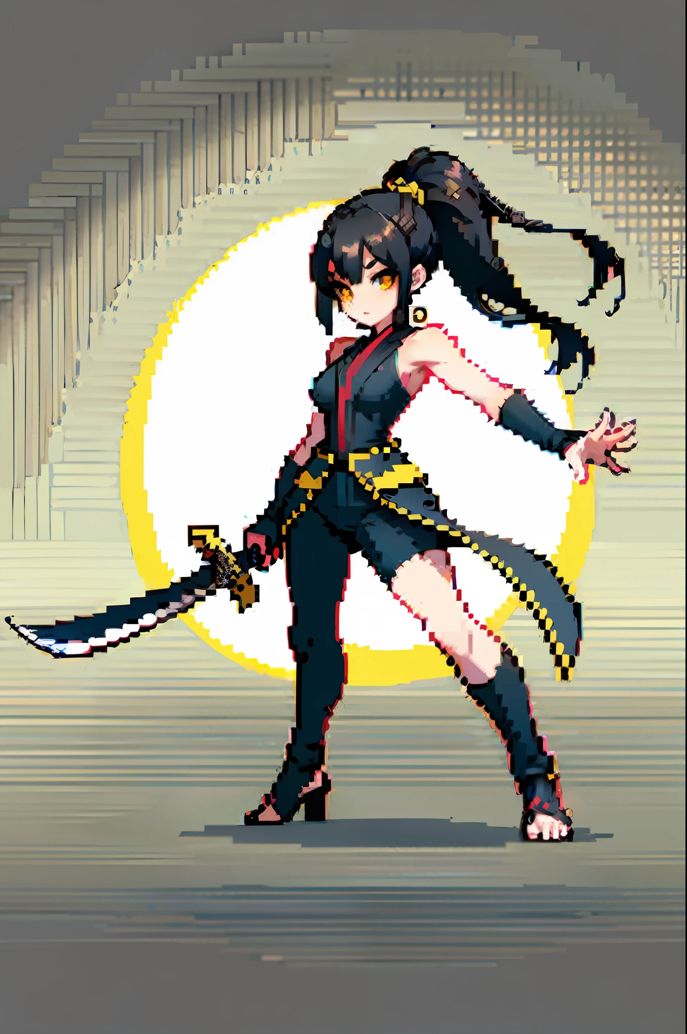 (masterpiece, top quality, best quality), pixel,pixel art,1girl,full body, black hair, ponytail, yellow eyes, black and red samurai amor, yellow horn, yellow sword, fighting game pose