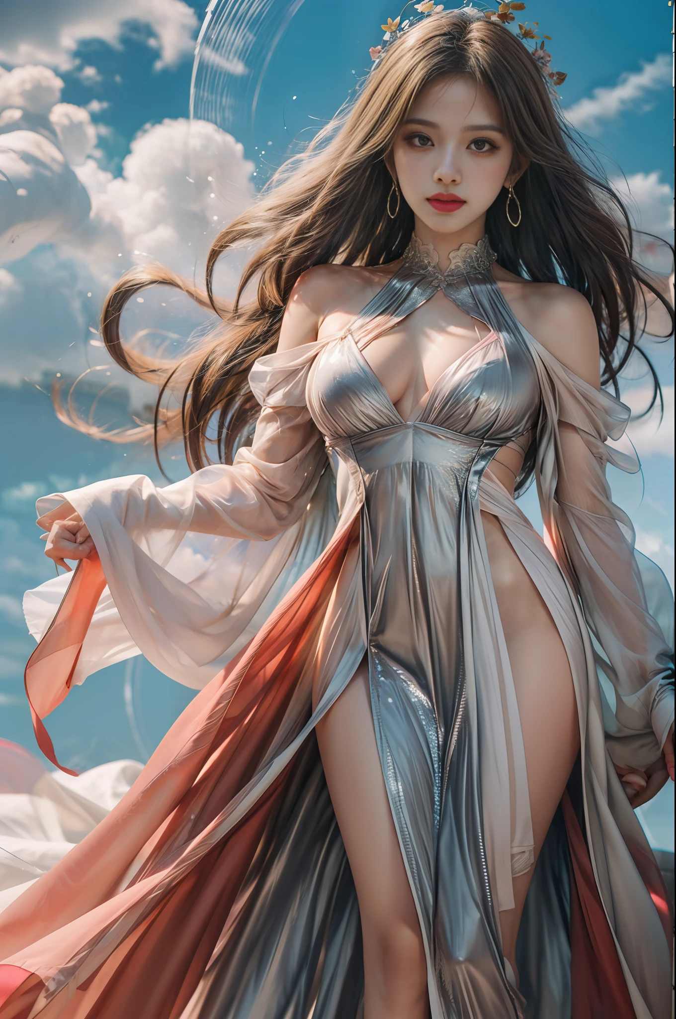 (8k, RAW photo, photorealistic:1.25), ( lip gloss, eyelashes, glossy side, shiny skin, best quality, ultra high resolution, depth of field, chromatic aberration, caustics, wide light, natural shadows, headwear, Kpop idol), (dreamy and romantic compositions: 1.5), light pink style, 1girl, (sky witch: 1.5), tall and thin beauty goddess, flowing dress, conservative girl, cloud goddess, flowing realistic fabric, wearing flowing dress, realistic, blue sky in background, (wind: 1.5), (full body: 1.5), add_detail,