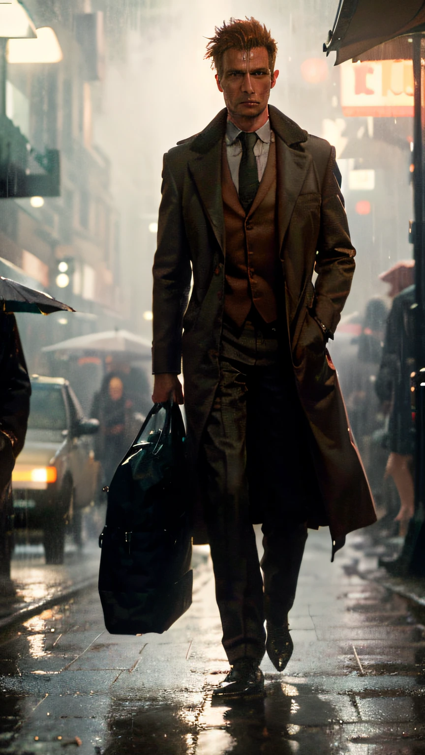 Realistic style, hyper-detailed, highly immersive vertical scene, a well-dressed lone man walking through the rain-covered streets of London after a rain, intricate details of the night lighting reflecting off the wet sidewalk and gas lamps, capturing the essence of solitude in the middle of a cityscape, the image was taken with a high-resolution camera that brings to life all the nuances of the scenery, 8k, HDR, Orange hair, serious face, redhead, highly detailed face