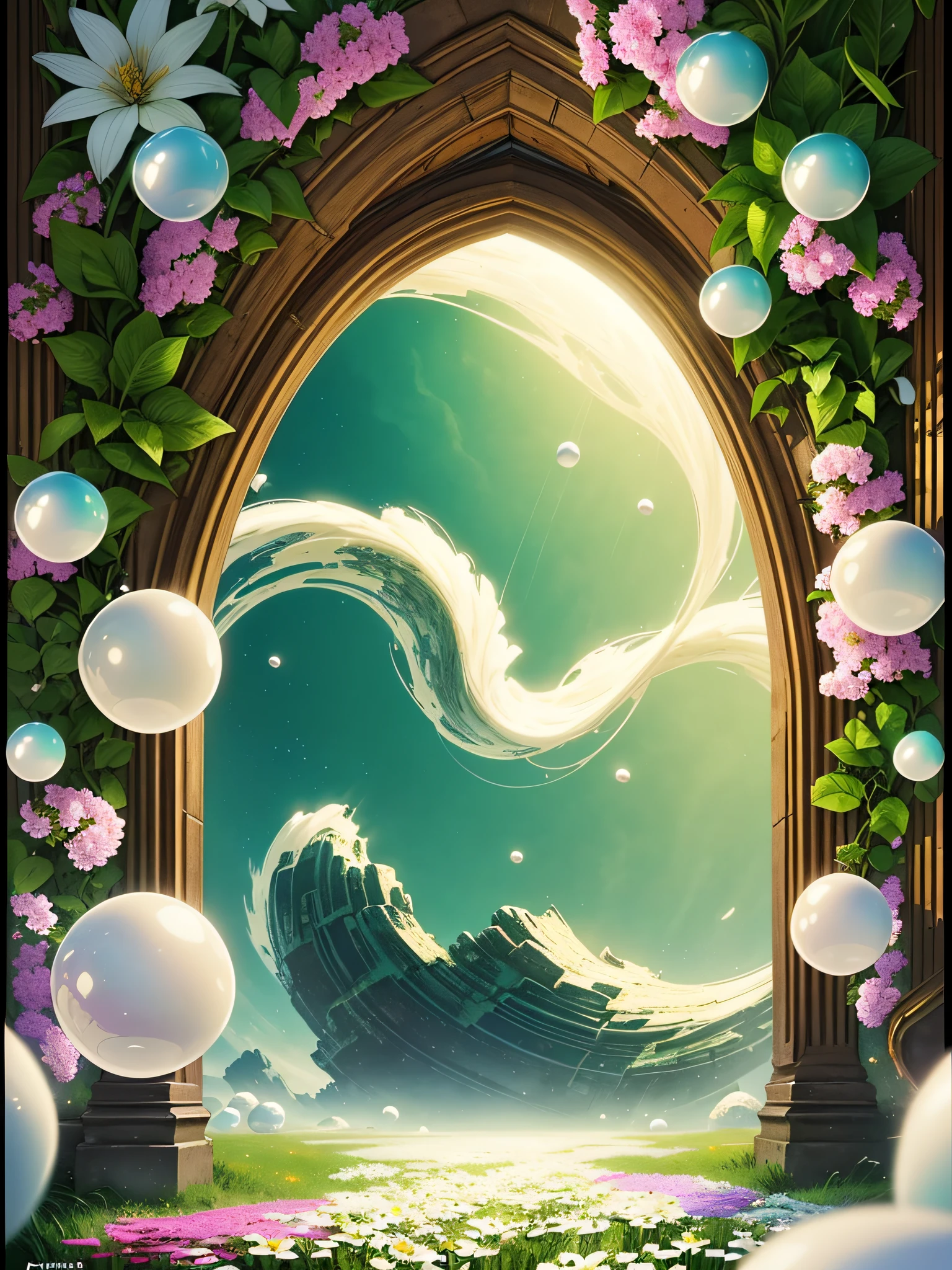 ((photo)), ((best quality)), ((masterpiece)), ((detailed)), ((cinematic shot), ((captured from eye level)), a beautiful brightly lit professional photo backdrop with lots of flowers and green and white floating spheres, an archway portal to a fantasy world prominent.