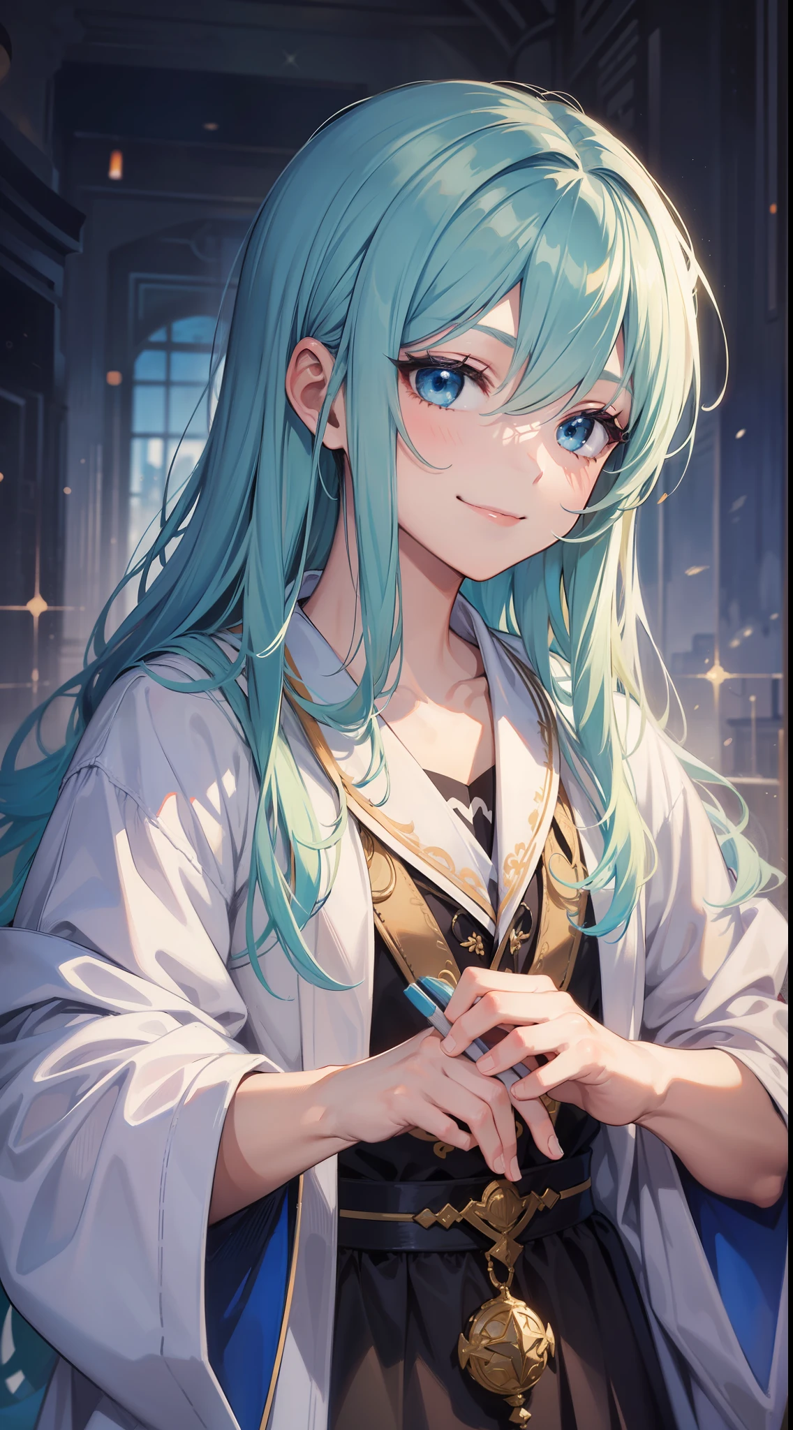 boy, long aquamarine hair, blue eyes, white artist robes, smile, brush, masterpiece, high quality