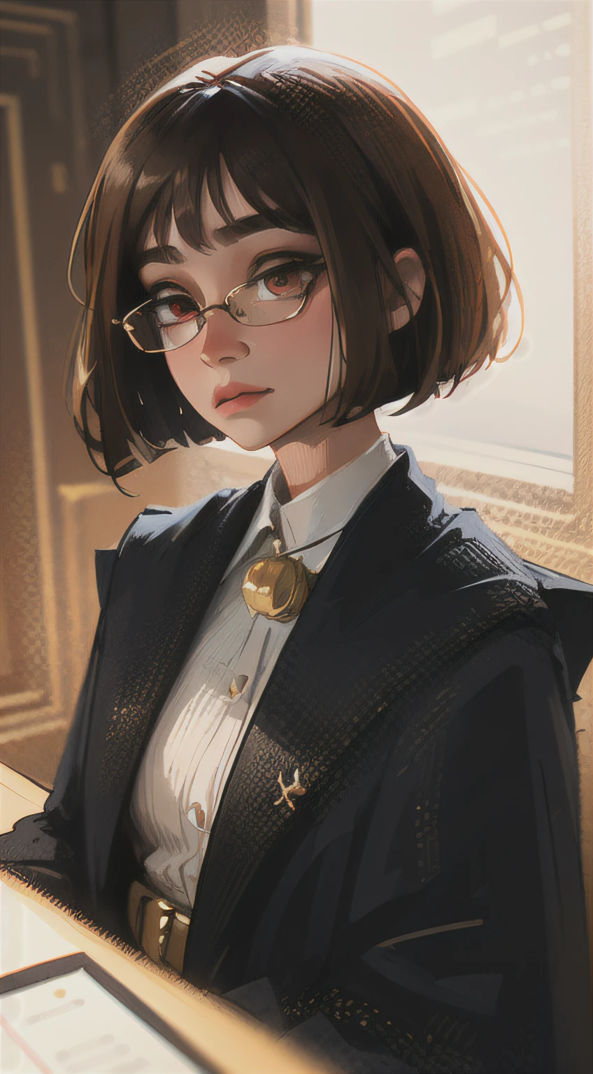Sam Yang, (((1girl))), one girl named Phoebe, Volumetric lighting, solo, portrait, very detailed skin, (detailed skin:1.2), (blunt bang + brown hair + very detailed bobcut:1.3), glasses, red eyes, triangle face shape, closed mouth, using magic, gold flowing magic effects, magic around her, flowing black silk robe, golden embroidery, golden belt, dynamic pose, confident look, gold jewelry. soft shadows, hard shadows, light on face, SamDoesArts style, shadow, solo, upper body, Magic teacher outfit, intelligence, wisdom, knowledge, power, 20 years old, blurry background, depth, old room background, beautiful face, perfect skin, beautiful detailed girl, detailed fingers, extremely detailed eyes and face, ((glasses)), beautiful detailed nose, beautiful detailed eyes with glasses, long eyelashes, pureerosface_v1:0.5, depth of field, cinematic lighting, ((masterpiece)), UHD, masterpiece, 8k