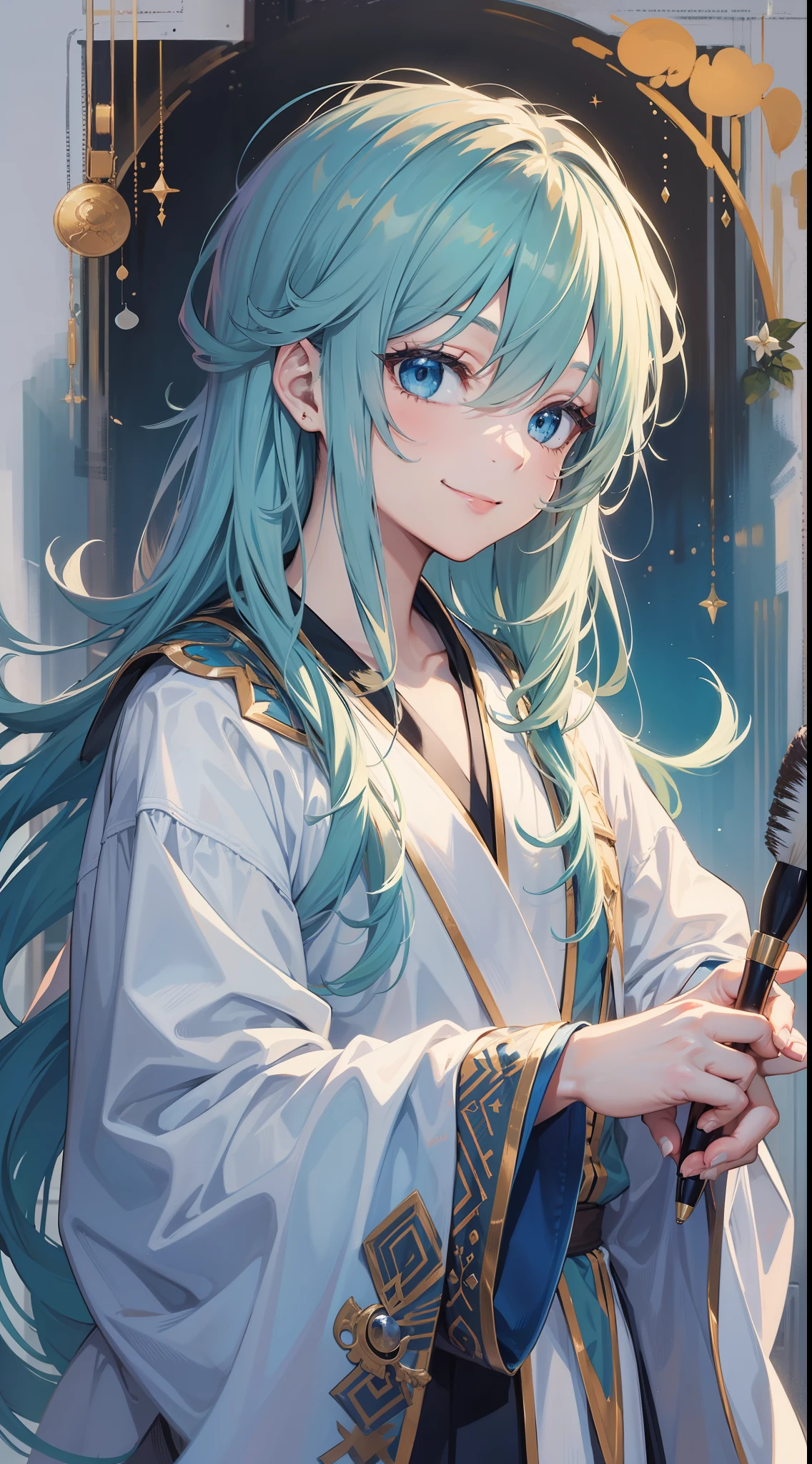 Young boy, long aquamarine hair, blue eyes, white artist robes, smile, brush, masterpiece, high quality