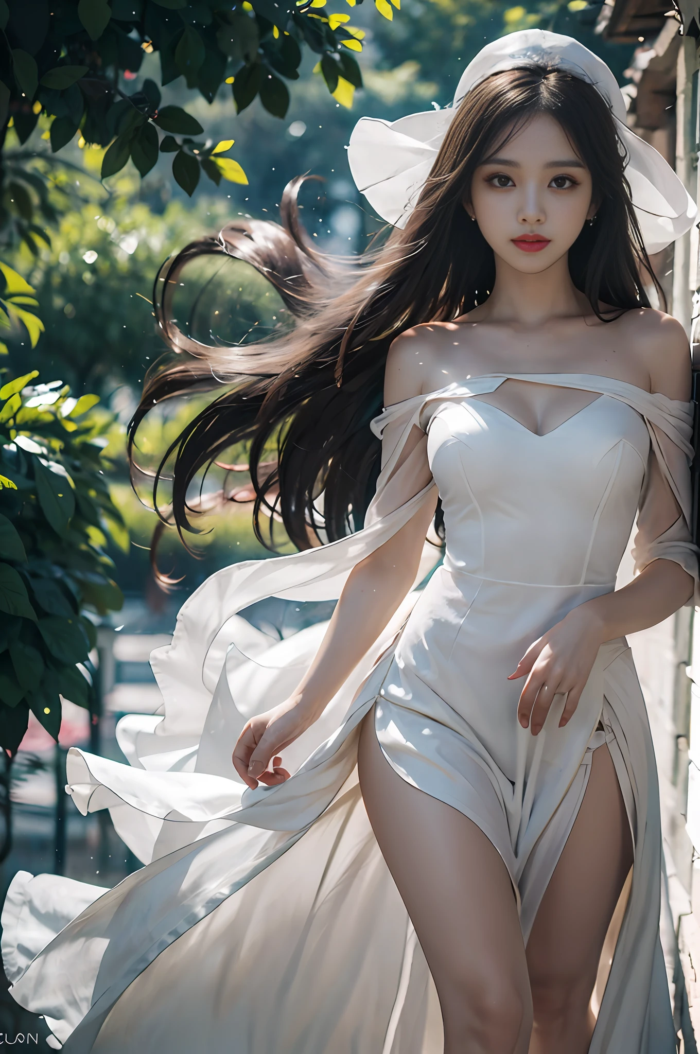(8k, RAW photo, photorealistic:1.25), ( lip gloss, eyelashes, glossy side, shiny skin, best quality, ultra high resolution, depth of field, chromatic aberration, caustics, wide light, natural shadows, headwear, Kpop idol), (dreamy and romantic compositions: 1.5), light pink style, 1girl, (sky witch: 1.5), tall and thin beauty goddess, flowing dress, conservative girl, cloud goddess, flowing white fabric, wearing flowing dress, realistic, blue sky on background, (wind: 1.5), (full body: 1.5), add_detail,