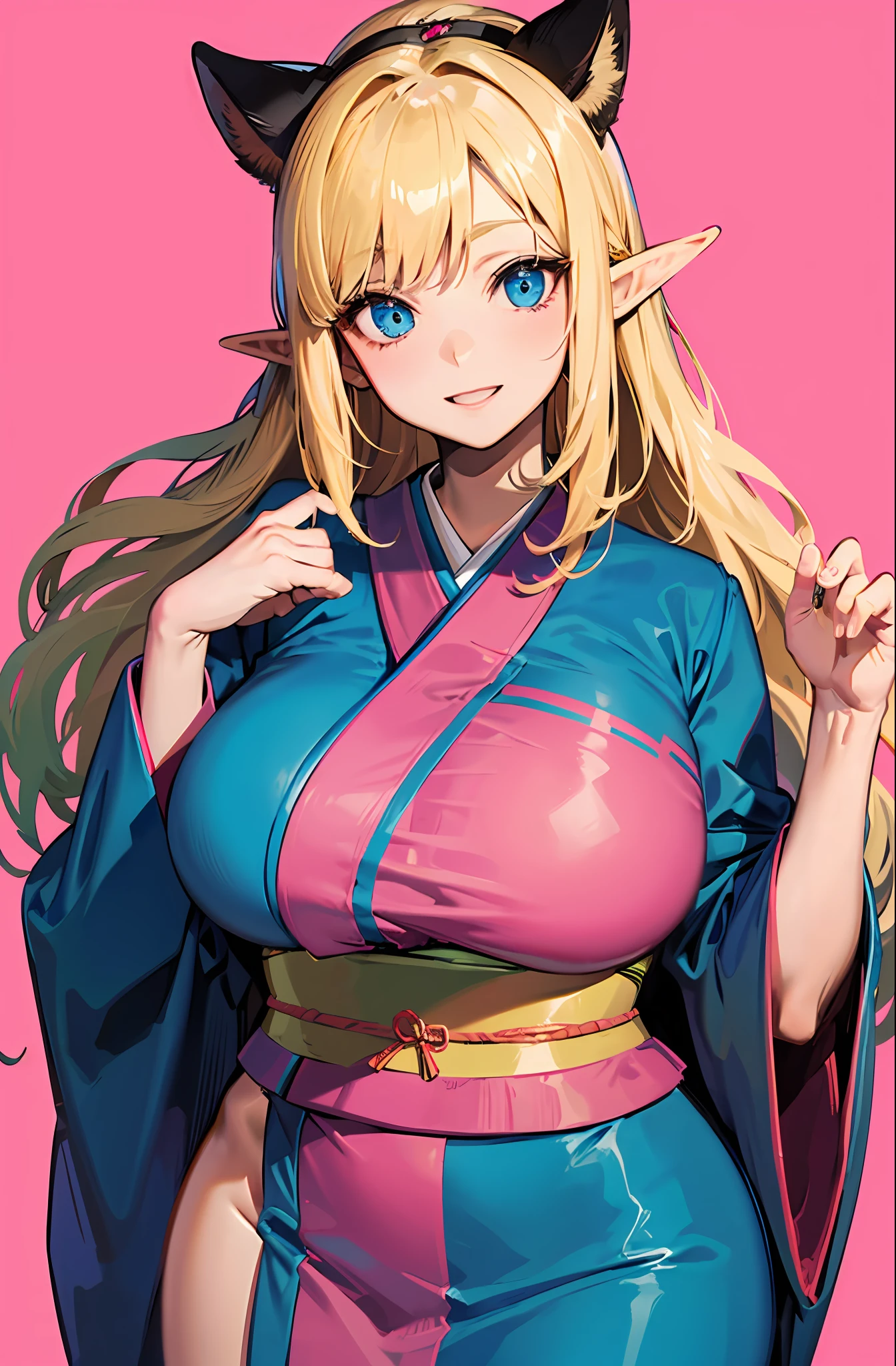 An elf with a large body, long straight yellowish hair, blue eyes, a friendly expression, dressed in a pink kimono, on a pink background.