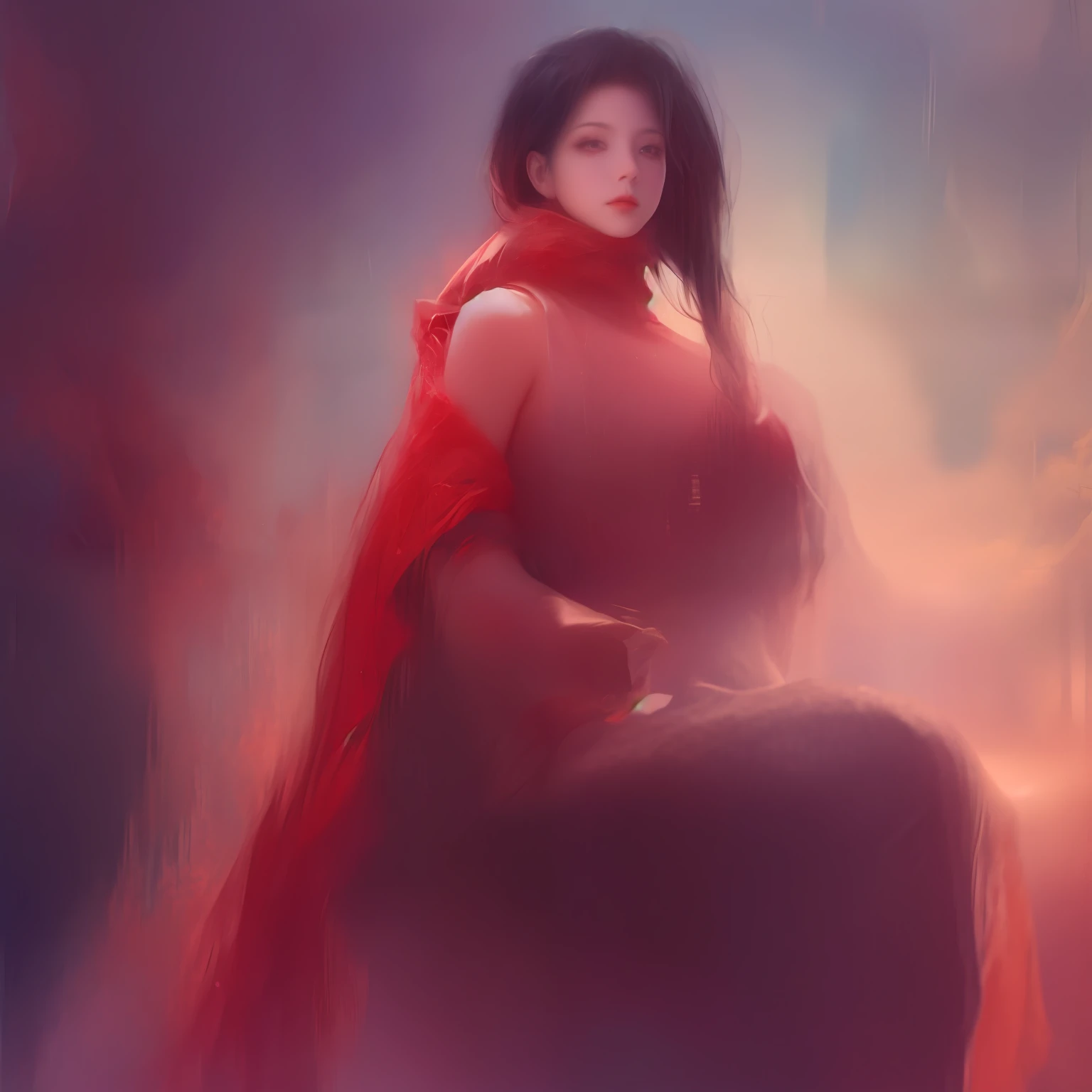 Woman standing on a rock, carrying a scarf on her shoulder, black and red silk clothes, long hair shawl, shawl, soft light, Monet-style oil painting texture, amazing details, stunning vision, masterpiece, best quality, high quality, HDR, bloom, chromatic aberration, photorealistic, extremely detailed, popular on artstation, popular on CGsociety, complex, high detail, dramatic, art midway