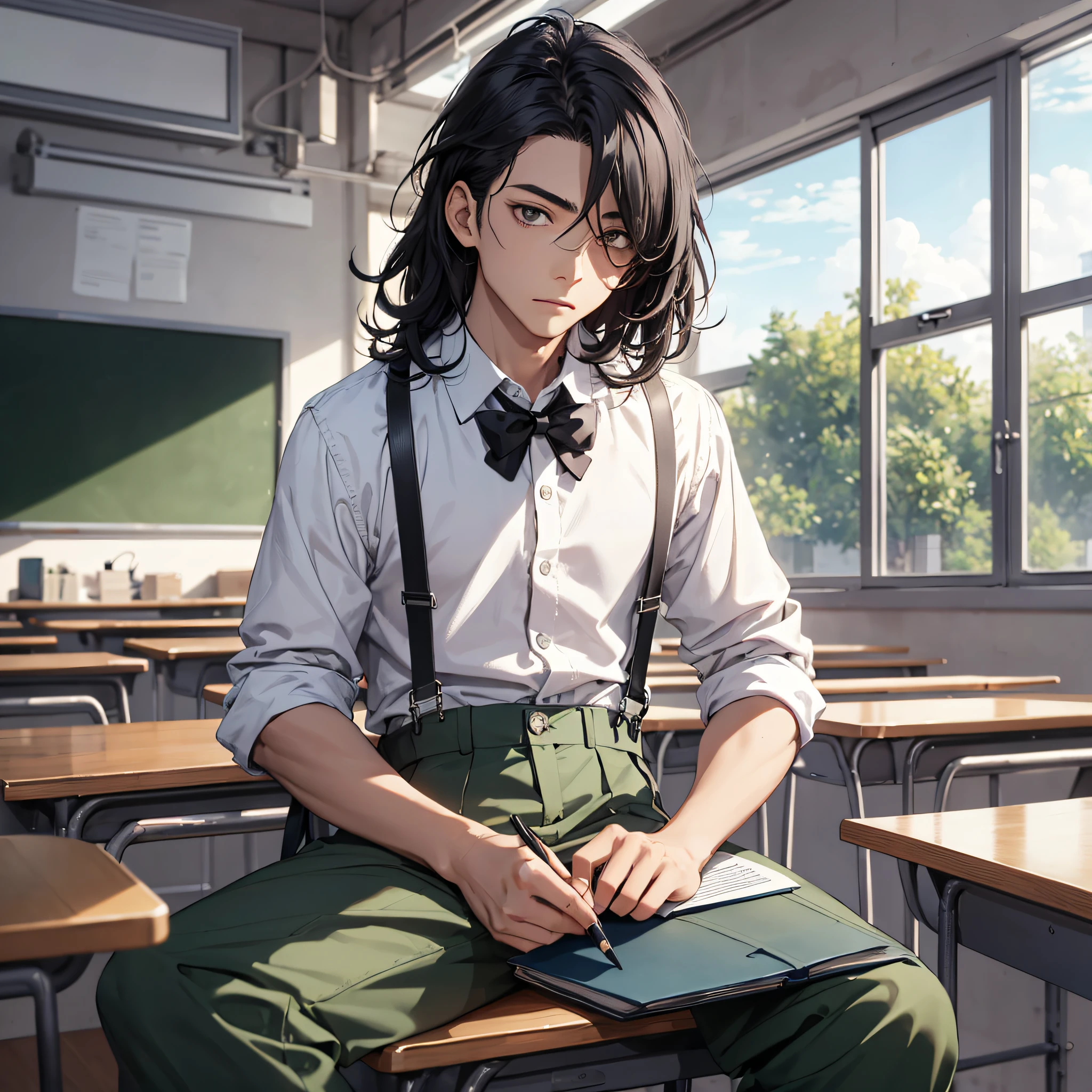 Ridiculous resolution, high resolution, (masterpiece: 1.4), hyper-detail, classroom, young man messy black hair, white suspenders, serious expression, sitting, writing