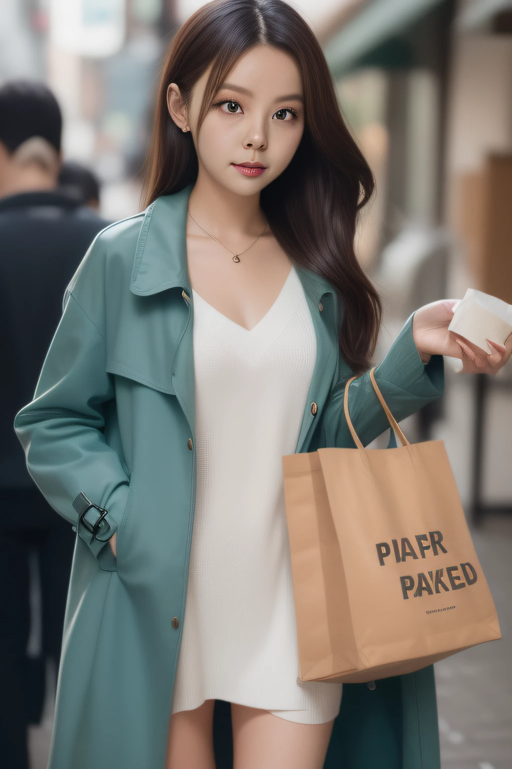a woman helly in a trench coat holding a paper bag, an album cover by Wang Yuanqi, instagram contest winner, aestheticism, movie still, criterion collection, movie poster