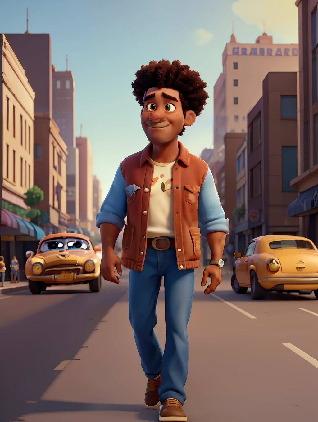 A waist high potrait of a handsome afro-american middle age manly character well built, wearing casual clothes, in the style of Pixar Animation, walking on a busy big city street, cars, people, dynamic action poses, sunrise,  rich colours , 3d render unreal engine , octane render , intricately detailed, 8k, Pixar Animation.