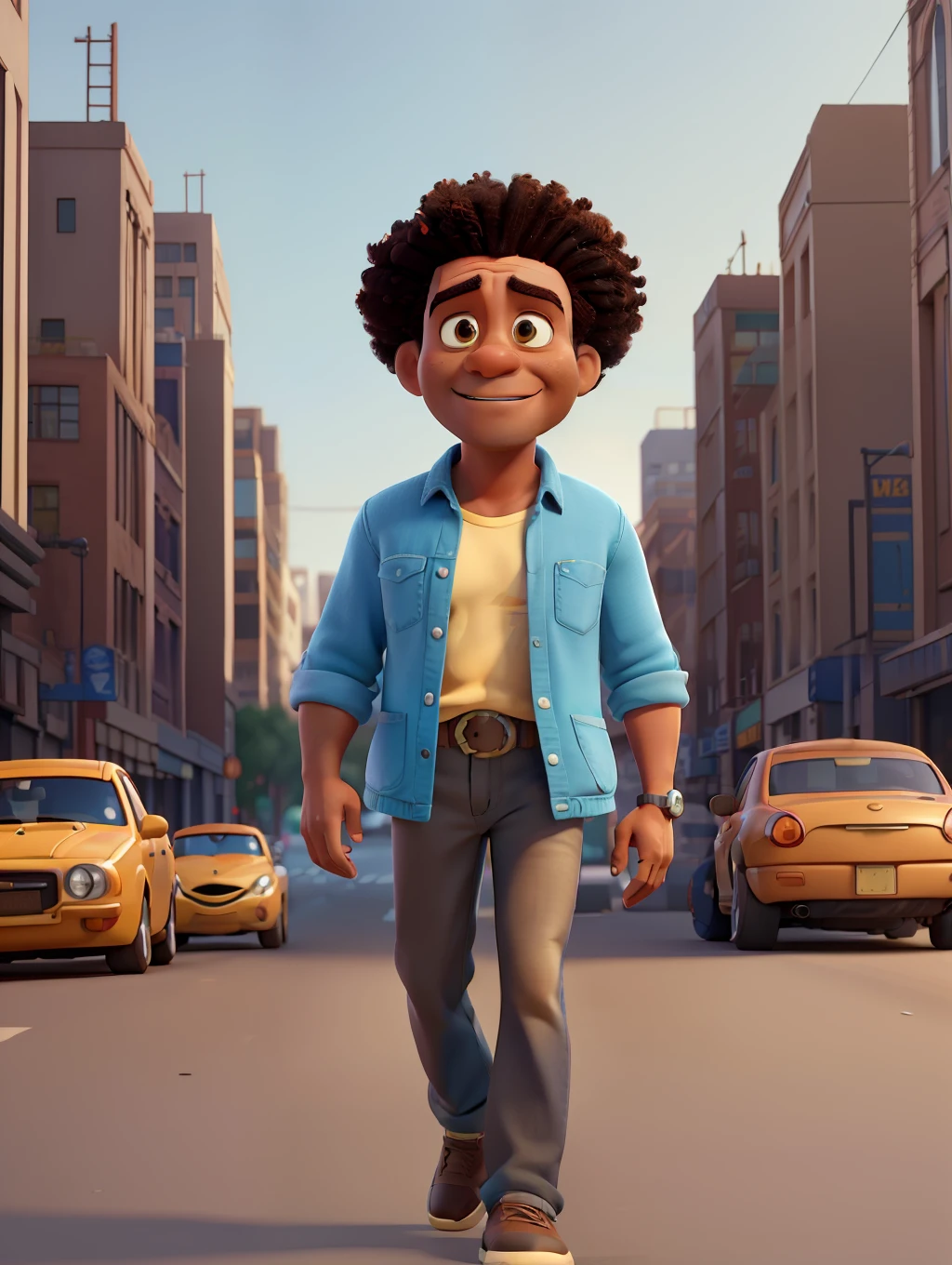 A waist high potrait of a handsome afro-american middle age manly character well built, wearing casual clothes, in the style of Pixar Animation, walking on a busy big city street, cars, people, dynamic action poses, sunrise, rich colours , 3d render unreal engine , octane render , intricately detailed, 8k, Pixar Animation.