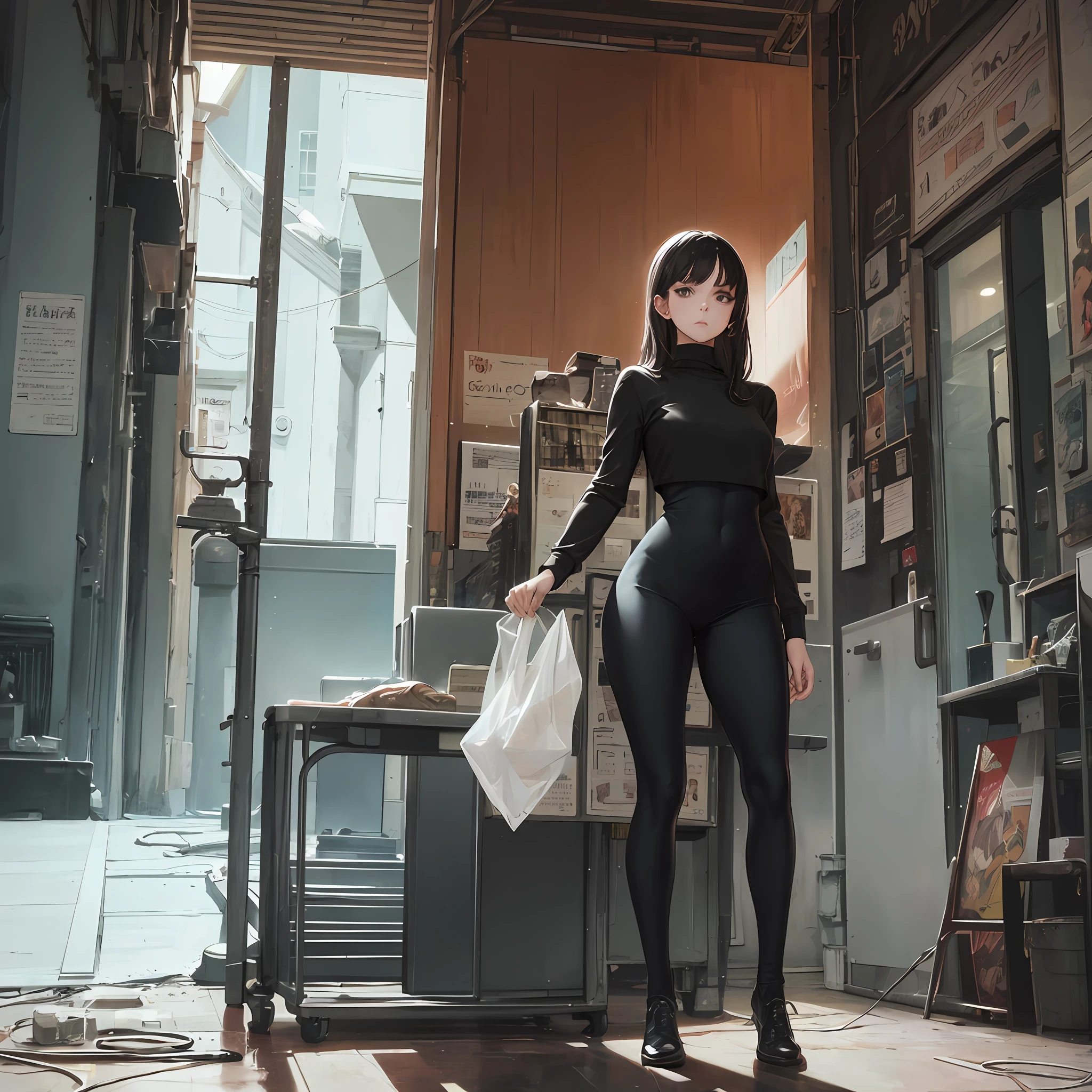 Perfect composition, coherant composition, 1 girl, 20 year old pale female, black turtleneck, thick black eyebrows, anorexic, tall, fullbody portrait, masterpiece, perfect lineart, 80s anime, perfect color, cinematic lighting, --auto