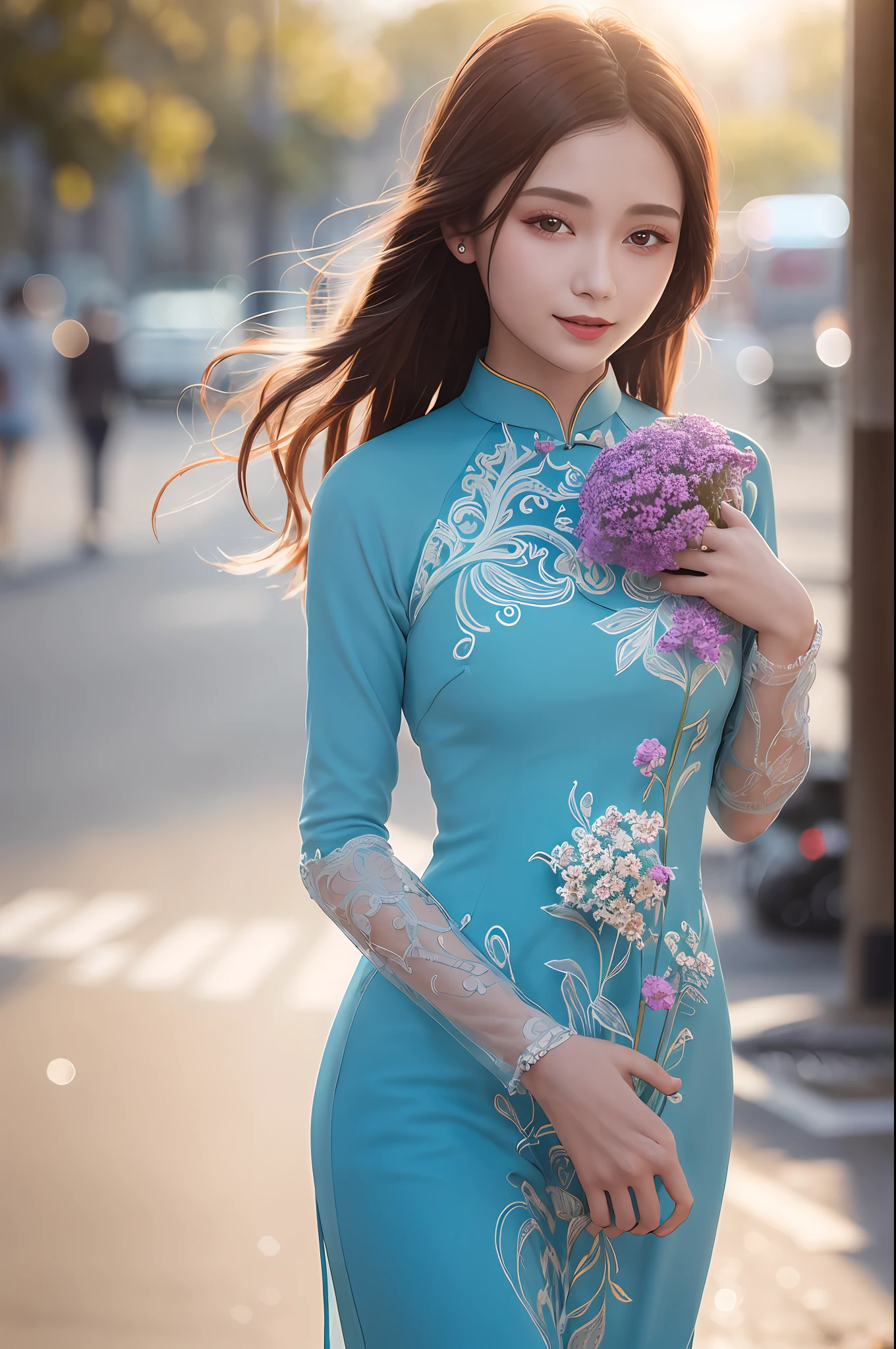 a beautiful girl in vintage colors aodai , masterpiece, best quality, realistic:1.3, street, holding bundle of flowers, sunlight, backlighting, artstation, intricate details, vignett