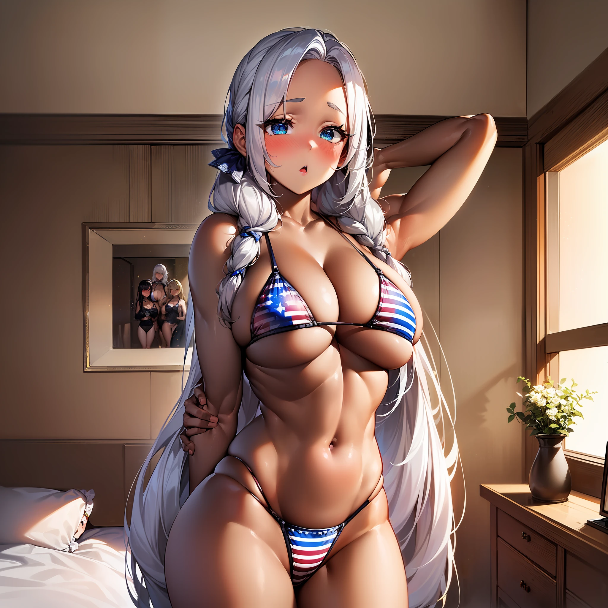 (Masterpiece), Best Quality, (Colorful:1.1), (5 girls, Group photo:1.4), Beautiful body, (Upper body), (Slim body:1.2), (Huge:1.6),(Huge:1.4), (Big:1.8), (Long:1.8),(Saggy:1.8), (Dark Skin:1.1), Blonde Hair, Silver Hair, Twin Tails, Braids, Forehead, (Slouched:1.4), (Doya Face:1.2), (Stars and Stripes bikini, Micro bikini:1.1), Cowboy Shot, (Bedroom:1.1),
