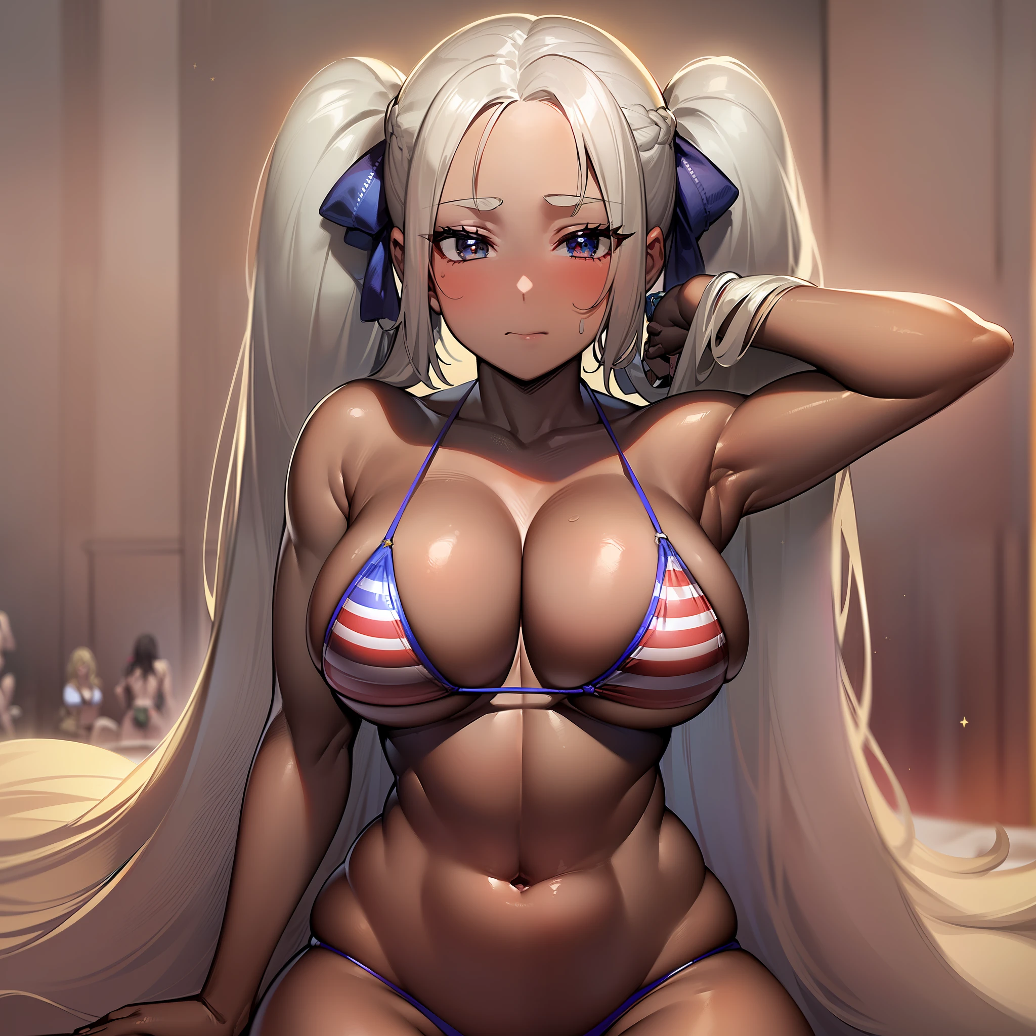 (Masterpiece), Best Quality, (Colorful:1.1), (5 girls, Group photo:1.4), Beautiful body, (Upper body), (Slim body:1.2), (Huge:1.6),(Huge:1.4), (Big:1.8), (Long:1.8),(Saggy:1.8), (Dark Skin:1.1), Blonde Hair, Silver Hair, Twin Tails, Braids, Forehead, (Slouched:1.4), (Doya Face:1.2), (Stars and Stripes bikini, Micro bikini:1.1), Cowboy Shot, (Bedroom:1.1),