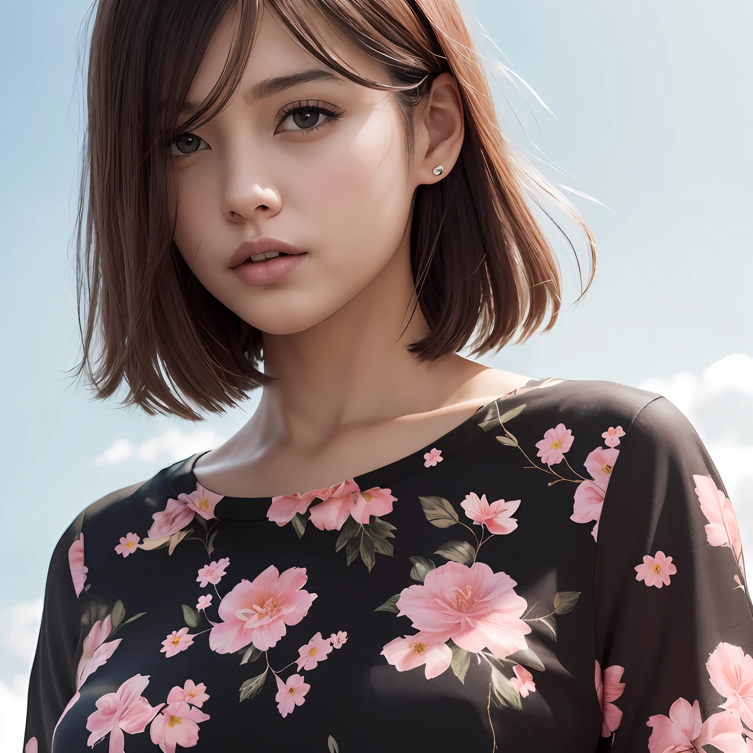 (high resolution:1.3), (8k, photorealistic, RAW photo, best quality: 1.4), japanese, (1girl), beautiful face, (realistic face), (black hair, short hair:1.3), beautiful hairstyle, realistic eyes, beautiful detailed eyes, (realistic skin), beautiful skin, attractive, ultra high res, ultra realistic, highly detailed, golden ratio, outdoors,windy,from below, pink floral print blouse --auto