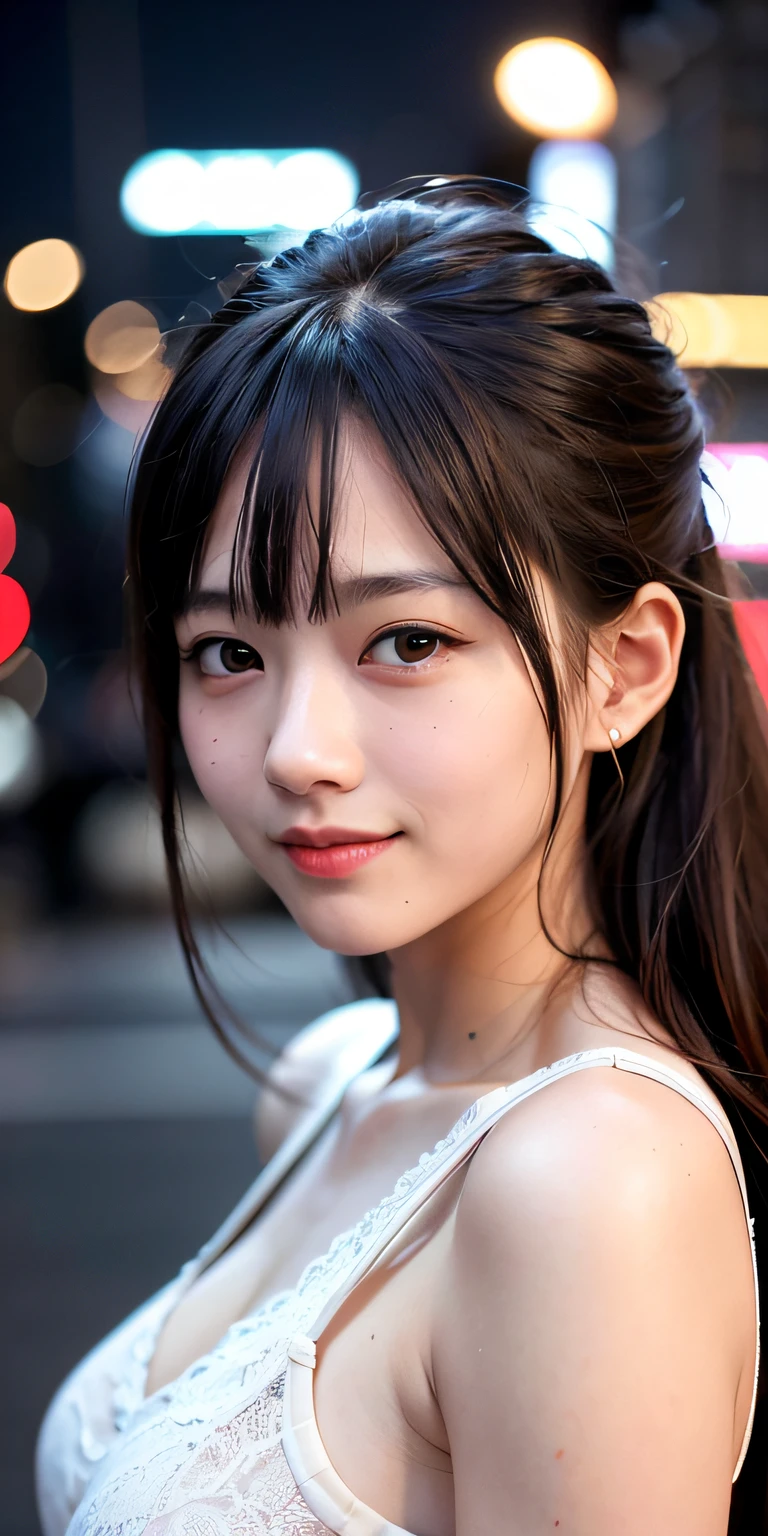 1girl, Tokyo street,night, cityscape,city lights,upper body,close-up,smile,, (8k, RAW photo, best quality, masterpiece:1.2),(realistic, photo-realistic:1.37),