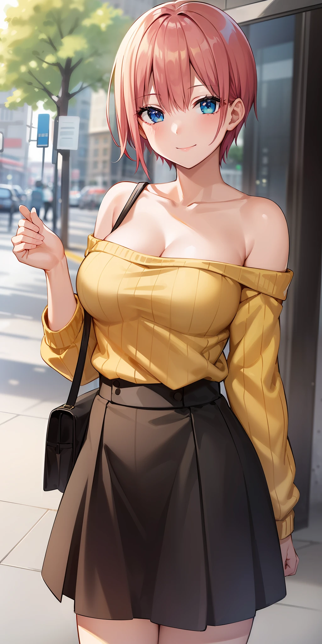 2d, masterpiece, best quality, anime, highly detailed, 1girl, solo, cowboy shot, nakano ichika, pink hair, short hair, yellow sweater, off-shoulder sweater, collarbone, long sleeves, (black bra), medium breasts, smile, outdoors, city