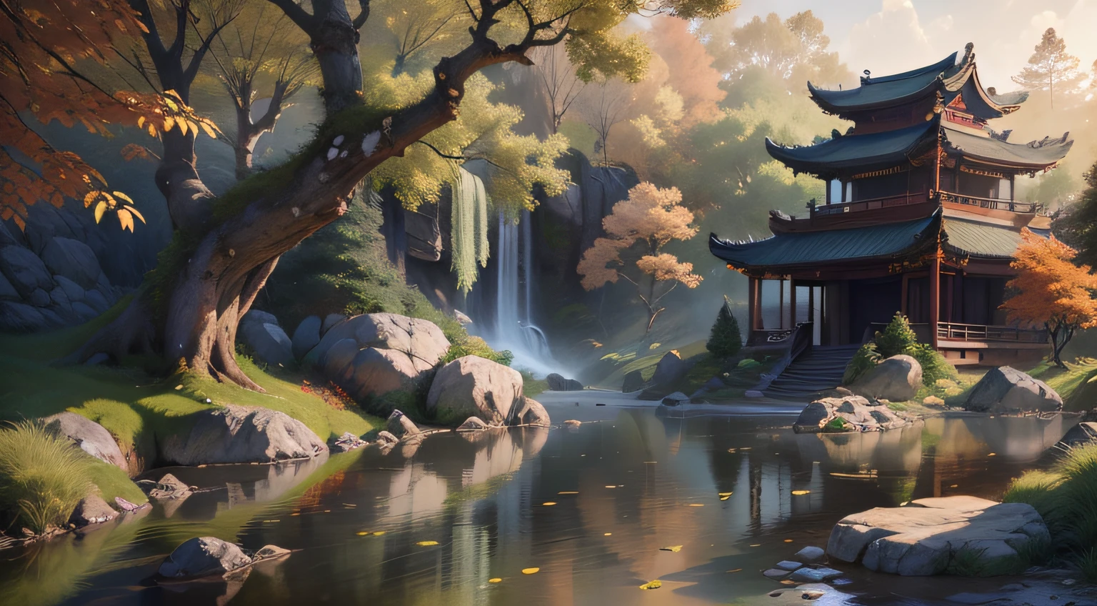 ancient Chinese architecture, autumn, bamboo, lake, rockery, tree, tap water, landscape, waterfall, meadow, rock, water lily, hot spring, water vapor, (illustration: 1.0), epic composition, realistic lighting, HD details, masterpiece, best quality, (very detailed CG unified 8k wallpaper)