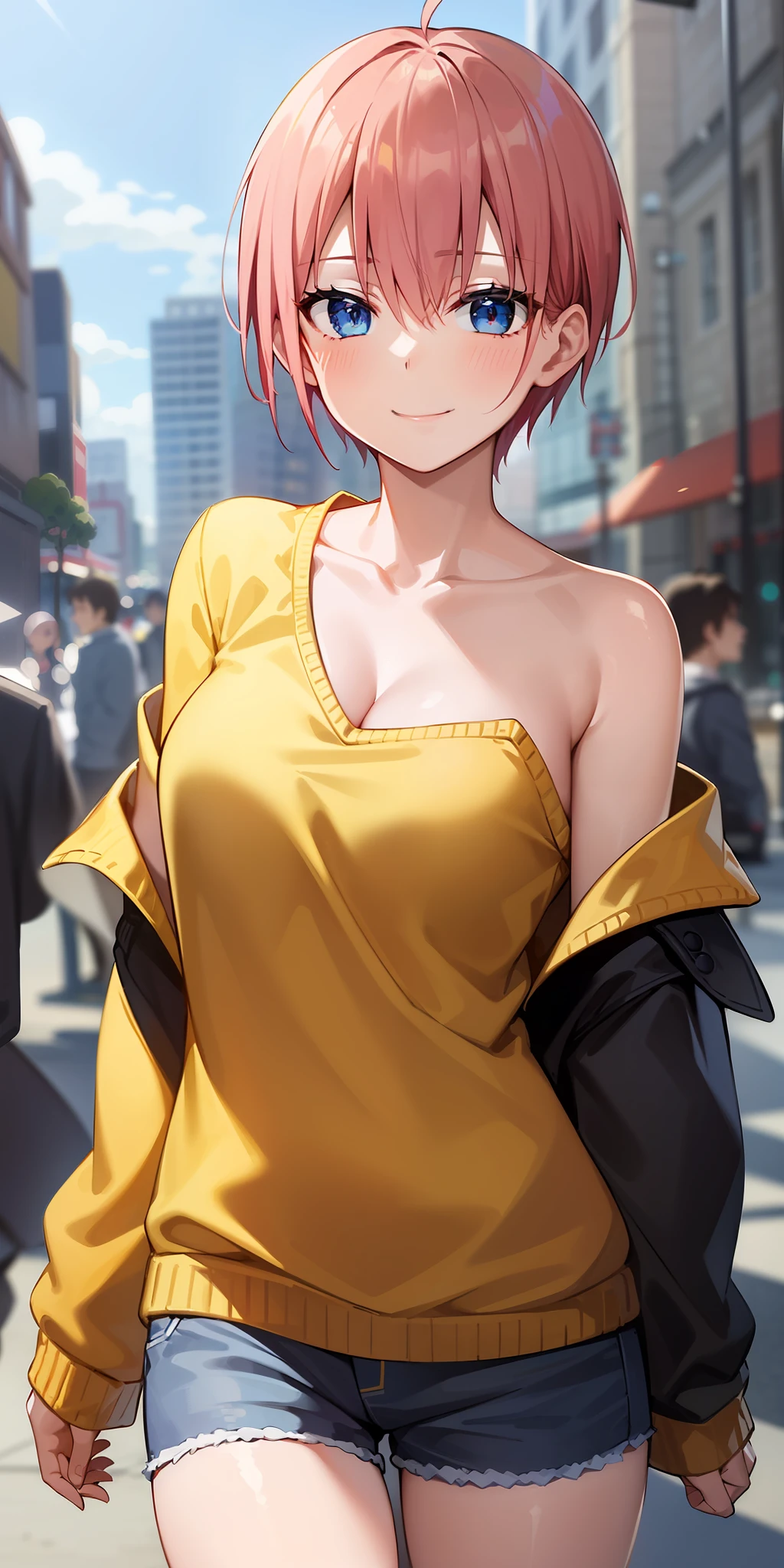 2d, masterpiece, best quality, anime, highly detailed, 1girl, solo, cowboy shot, nakano ichika, pink hair, short hair, yellow sweater, off-shoulder sweater, collarbone, long sleeves, (black bra), medium breasts, smile, outdoors, city
