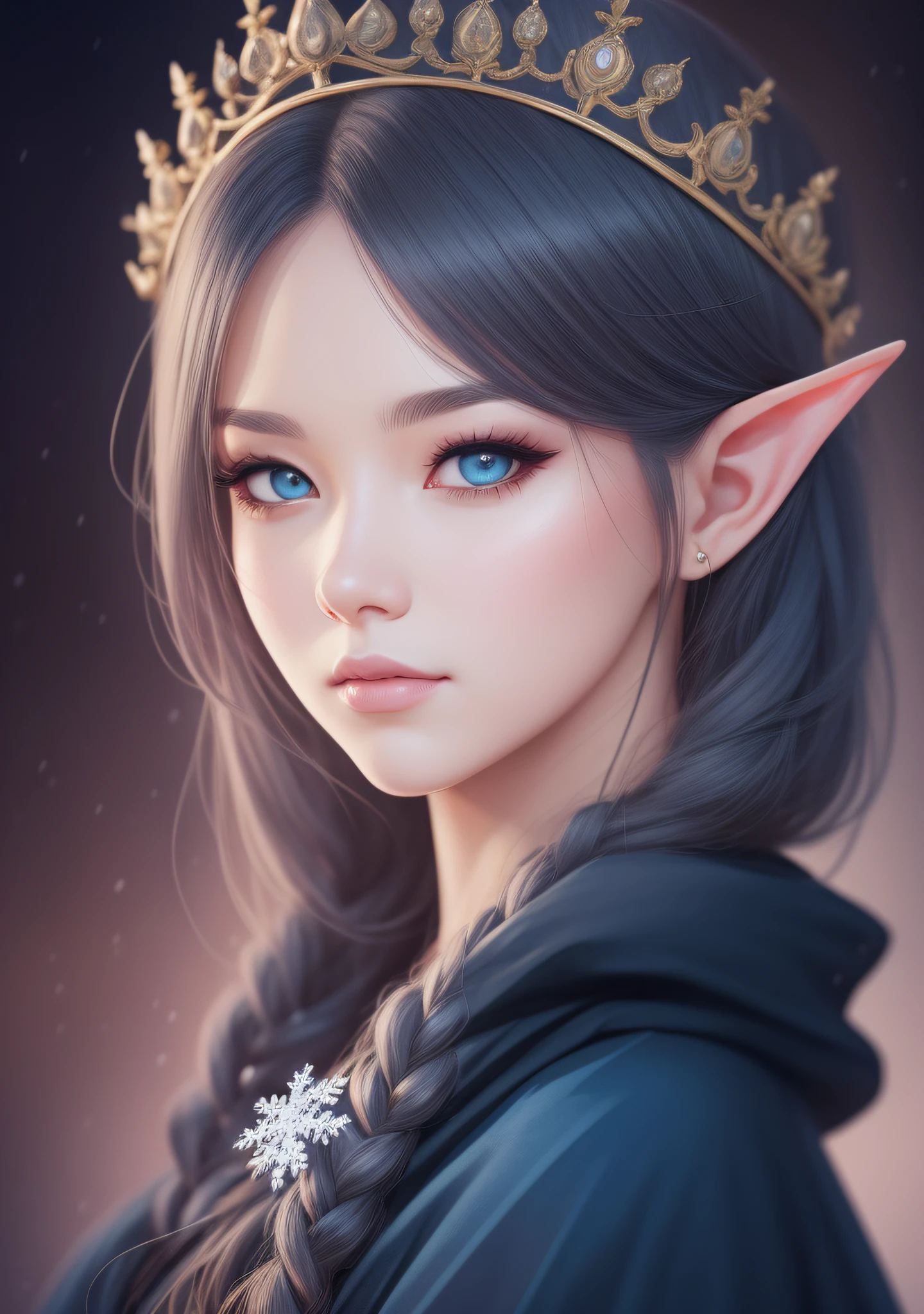 Woman with a tiara on her head and a navy blue winter cloak, snowflake brooch. long black hair. Winter queen, elf princess, portrait of an elf queen, elf queen, winter princess, an elf queen, artgerm in artstation pixiv, beautiful and elegant elf queen, iG model | artgerm, :: rossdraws, artwork in the style of guweiz, extremely detailed artgerm. full body, detailed background of a castle, hyper detailed, detailed face, sincere POV photo, by lee jeffries, nikon d850, film stock photography,4 kodak portra 400, f1.6 camera lens, rich colors, hyper realistic, realistic texture, dramatic lighting, cinestill 800
