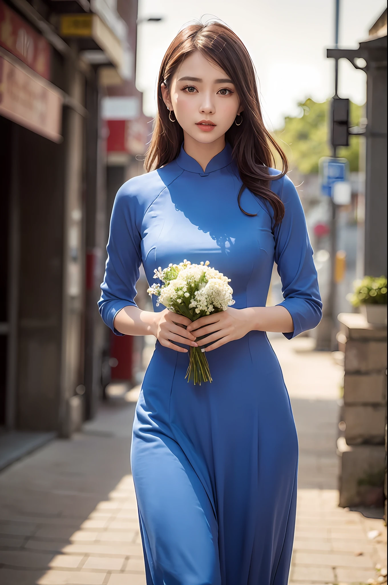 a beautiful girl in vintage colors aodai , masterpiece, best quality, realistic:1.3, street, cyberpunk, holding bundle of adubon flowers, sunlight, backlighting, ((((hdr)))), intricate scene, artstation, intricate details, vignette