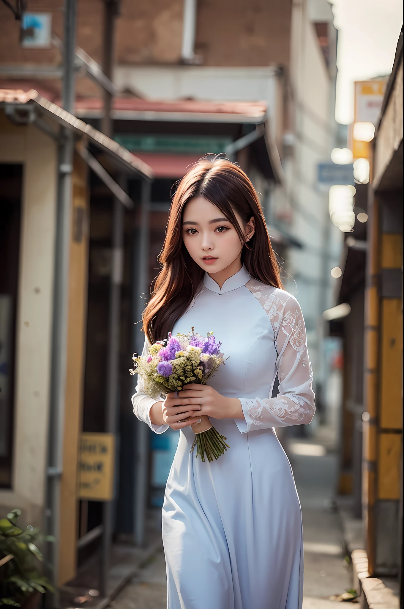 a beautiful girl in vintage colors aodai , masterpiece, best quality, realistic:1.3, street, cyberpunk, holding bundle of adubon flowers, sunlight, backlighting, ((((hdr)))), intricate scene, artstation, intricate details, vignette